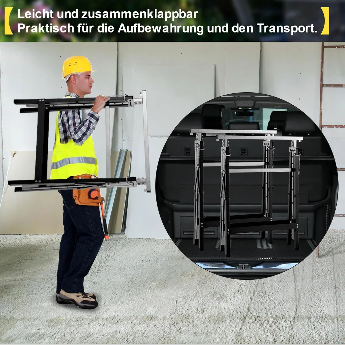 Teleskop-Arbeitsbock 2er Set höhenverstellbar 80-130 cm, 200 kg belastbar, klappbar und rutschfest, Gerüstbock für Malerarbeiten, Bau, Garten und Werkstatt, Schwarz