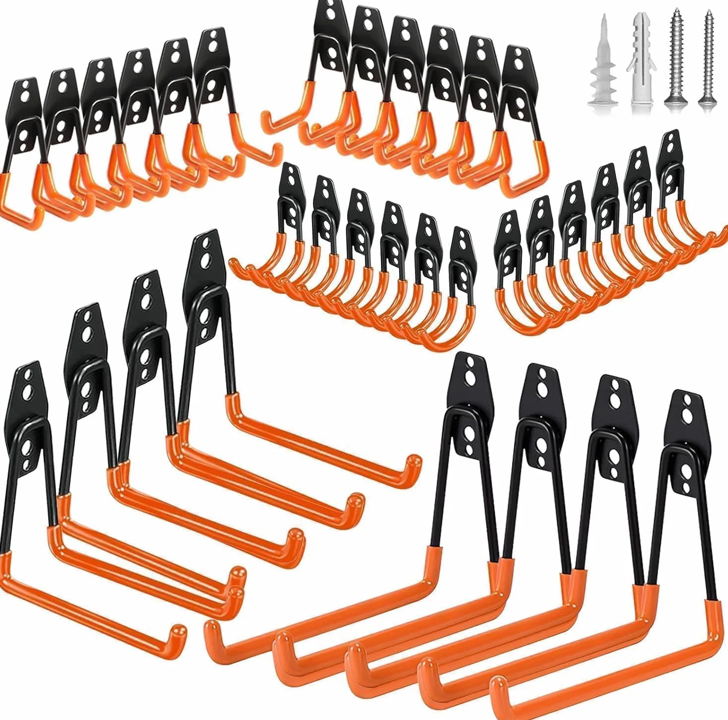 GUDEMAY 32-teiliges Garagenhaken Set Schwerlast Wandhaken für Garage | Wandhalterung für Werkzeuge, Fahrräder, Leitern, Schlauch und Gartengeräte, mit Schrauben & Anti-Rutsch-Beschichtung, Orange