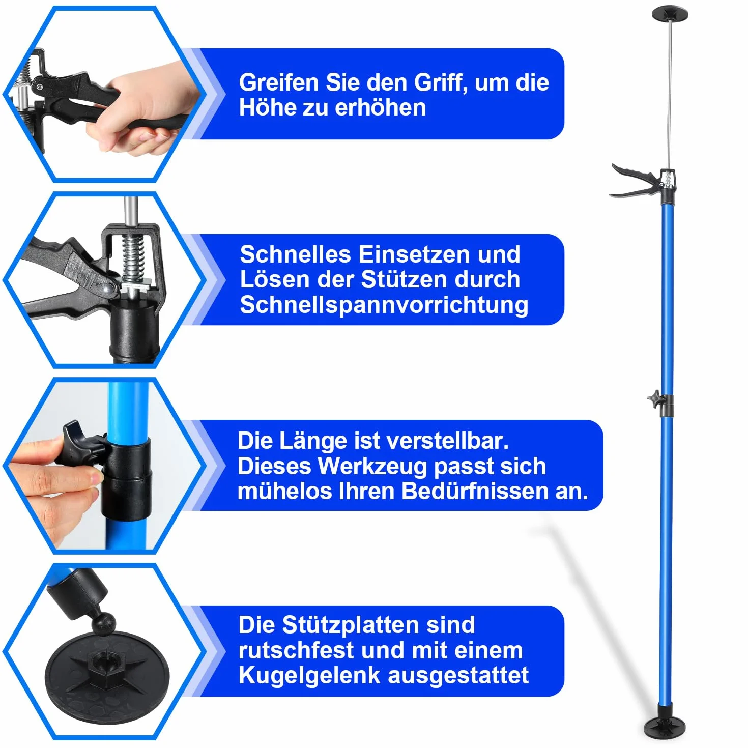 115–290 cm Montagestütze 4er Set Deckenstütze Teleskopstütze höhenverstellbar Einhandstütze bis 50 kg pro Stütze, Baustütze Montagehilfe für Trockenbau, Deckenmontage, Schrankinstallation