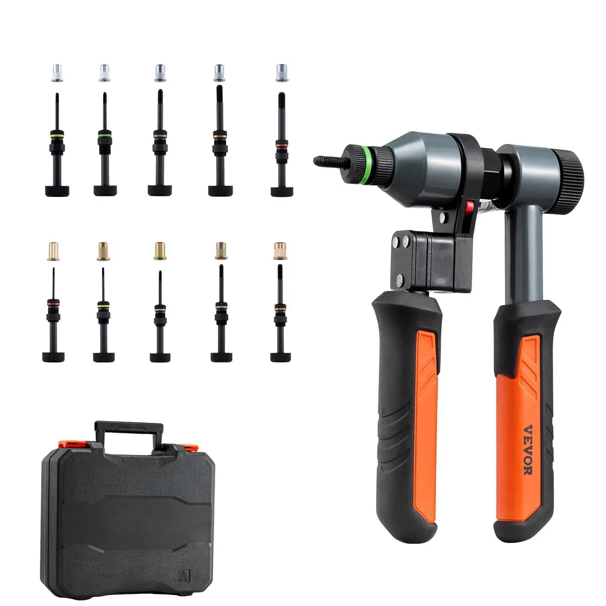 VEVOR Nietmutternzange Set 21 cm, Ratschen Nietzange mit 10 Dornen & 100 Muttern in metrischen und SAE-Größen M5, M6, M8, M10, M12, 8-32, 10-24, 1/4-20, 5/16-18, 3/8-16 UNC, inkl. Tragekoffer