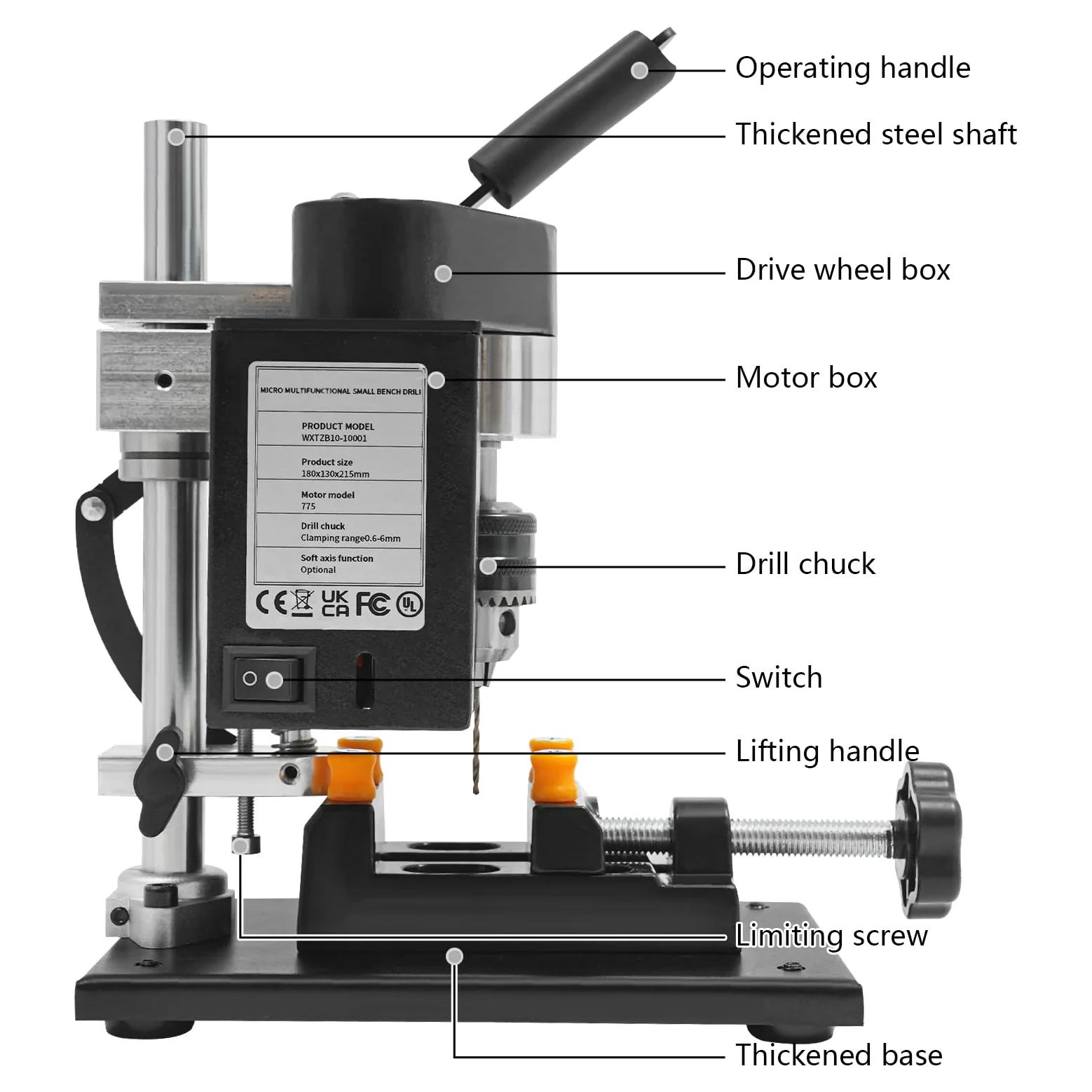 Elektrische Tischbohrmaschine, 220V Standbohrmaschine 7-Stufig Mini-Bohrmaschine, Bohrhub 50mm, Drehzahlbereich 0-8000U/min, Profi Säulenbohrmaschine für Holz, Kunststoff