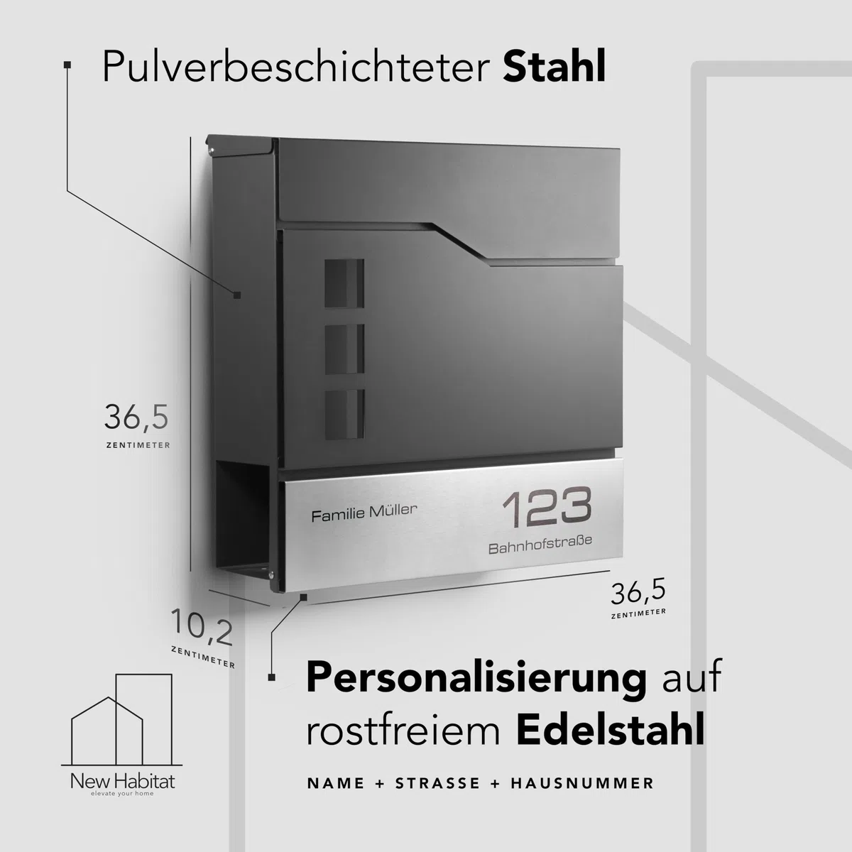 Moderner Briefkasten Personalisierbar Stockholm Anthrazit RAL7016 - mit Zeitungsfach - Wandbriefkasten mit Edelstahl Namensschild und Hausnummer Gravur (Mit Gravur)