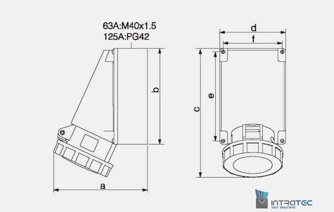 CEE Starkstrom Wandsteckdose Intratec 63A 400V 6h IP67 (spritzwassergeschützt) 5-polig (3P+N+E): IEC-60309 Industrie und Mehrphasenstecker robuste Industriequalität robuste Industriequalität