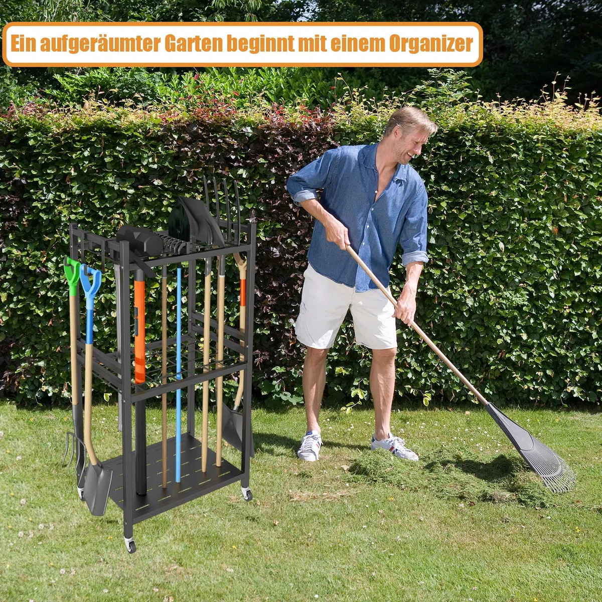 Gartenwerkzeug Organizer mit 4 Haken, Metall Gartengerätehalter für Besen Mop Rechen Schaufel, Gartenwerkzeug aufbewahrung für Garten und Garage Garagen, garten organizer (schwarze, 42x30x80 cm)