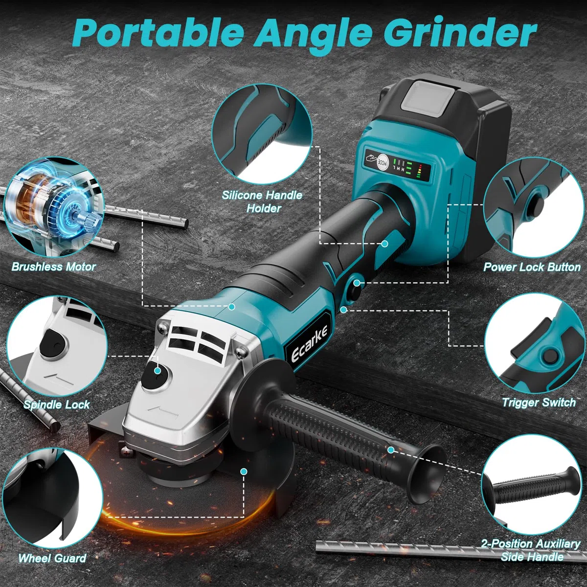 Ecarke Akku Winkelschleifer kompatibel mit Makita Akku 18V Li-Ion, 900W Bürstenloser Profi-Schleifer, 9000U/min, 12.5cm Scheibendurchmesser mit Winkelschleiferschlüssel (Ohne Akku und Ladegerät)