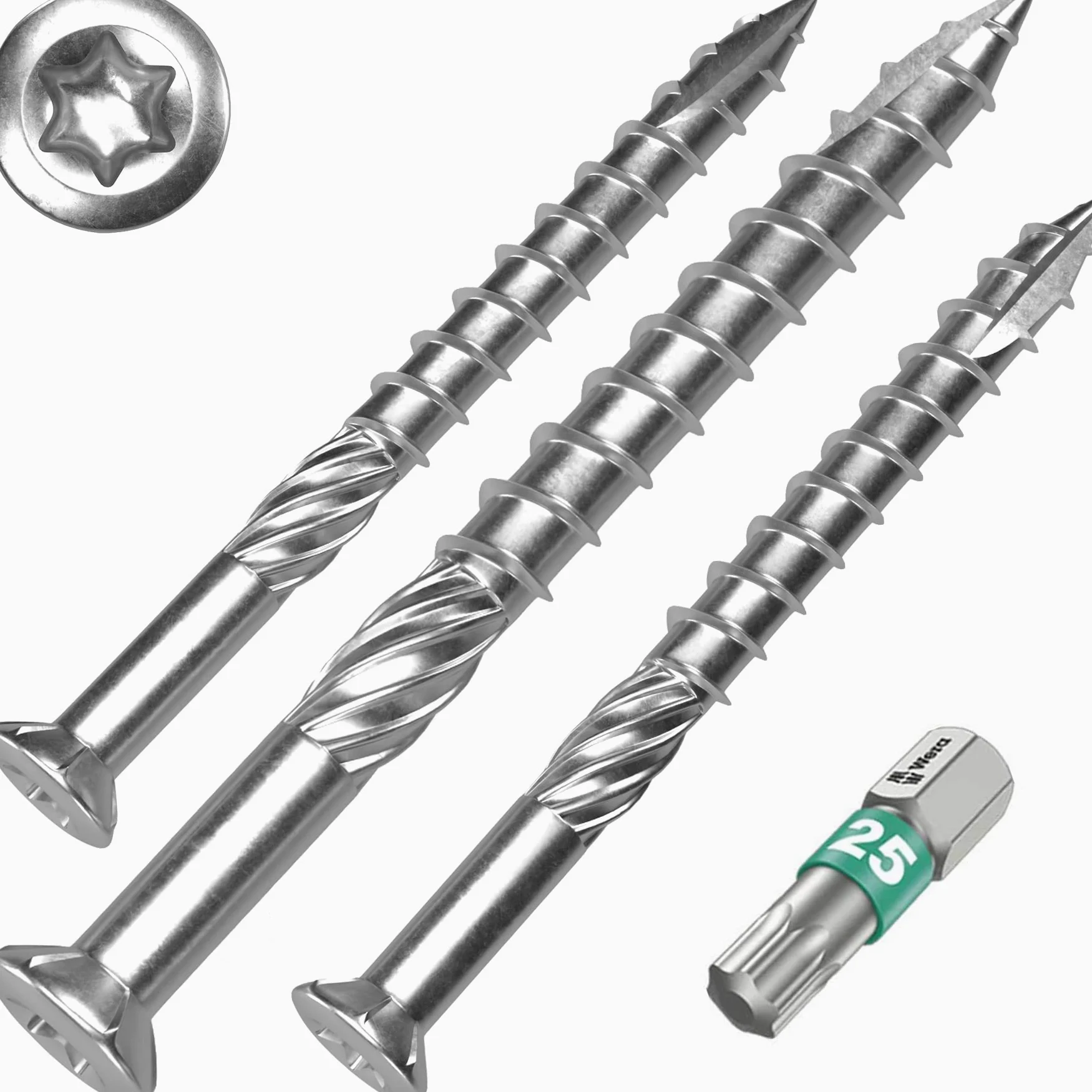 Terrassenschrauben 5 x 90 T-INOX - 400 Stück Edelstahl gehärtet C1, Torx 25 inkl. Edelstahl Bit - AISI 410 martensitisch