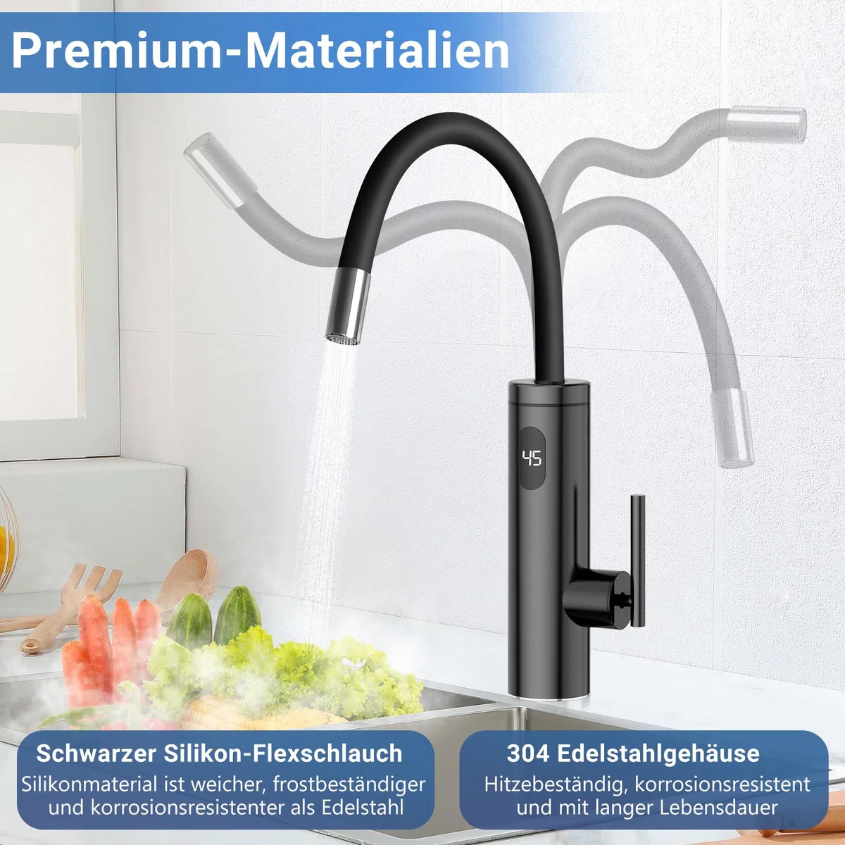 Wasserhahn mit Durchlauferhitzer, 3300W Edelstahl Elektrischer Wasserhahn mit Durchlauferhitzer mit 40cm Wasserversorgungsrohr, 360º Drehung LED Sofortiger Warmwasserhahn Schwarze