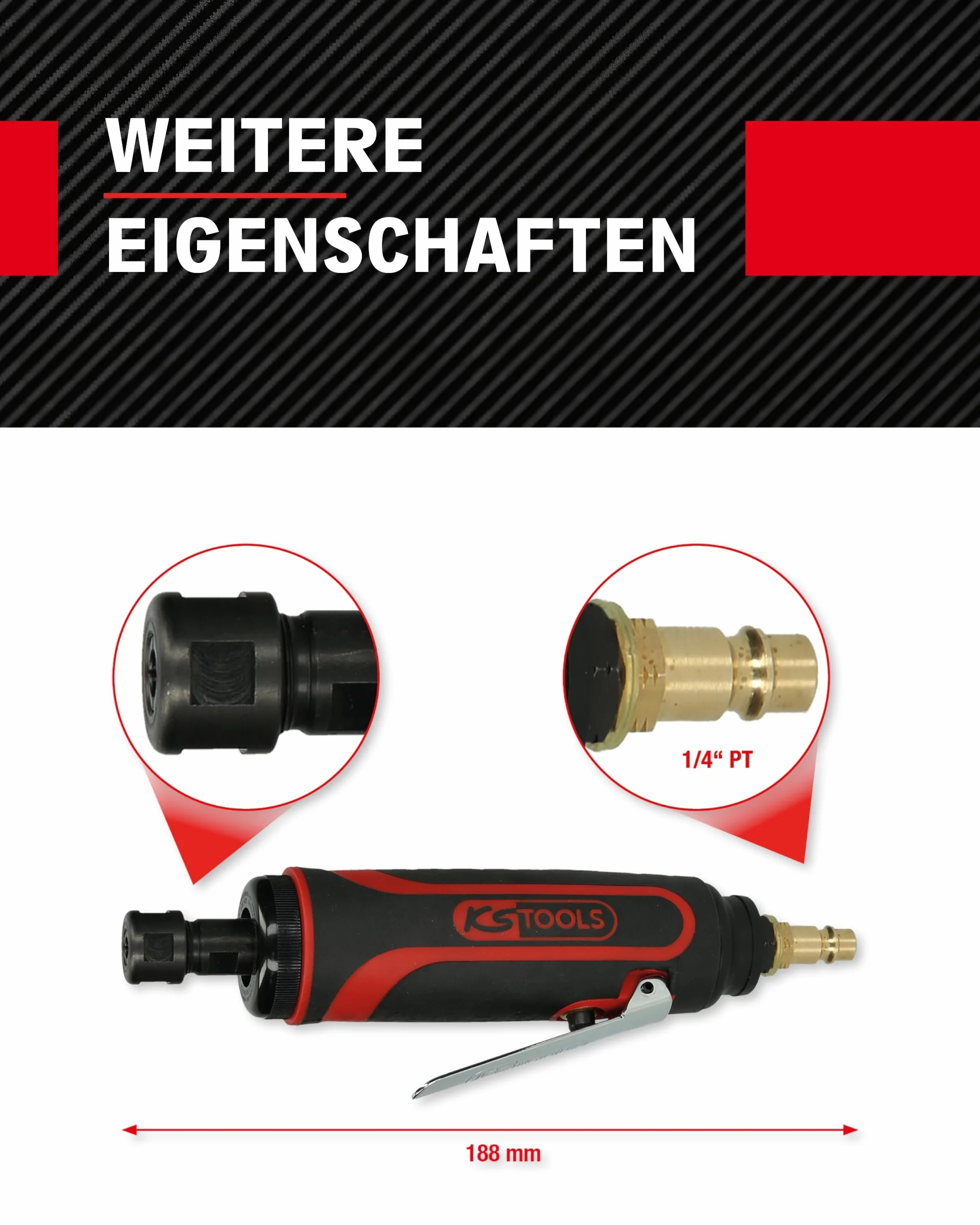 KS Tools Stabschleifer Druckluft 515.5410 6mm I Geradschleifer mit Drehzahl-Regulierung I Für HM-Fräser, Mini-Trennscheiben und Steinschleifkörper I 23.000 U/min