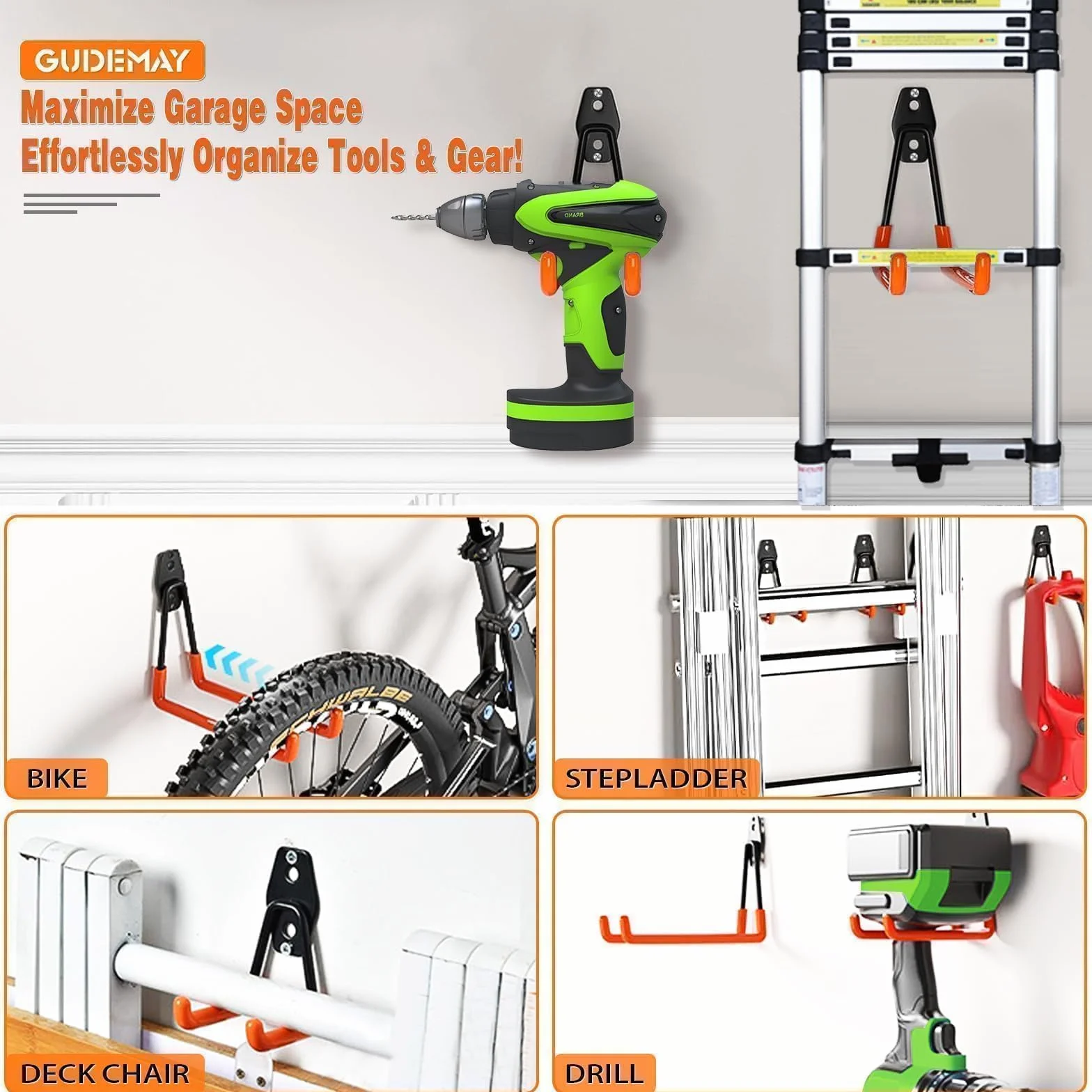 GUDEMAY 32-teiliges Garagenhaken Set Schwerlast Wandhaken für Garage | Wandhalterung für Werkzeuge, Fahrräder, Leitern, Schlauch und Gartengeräte, mit Schrauben & Anti-Rutsch-Beschichtung, Orange