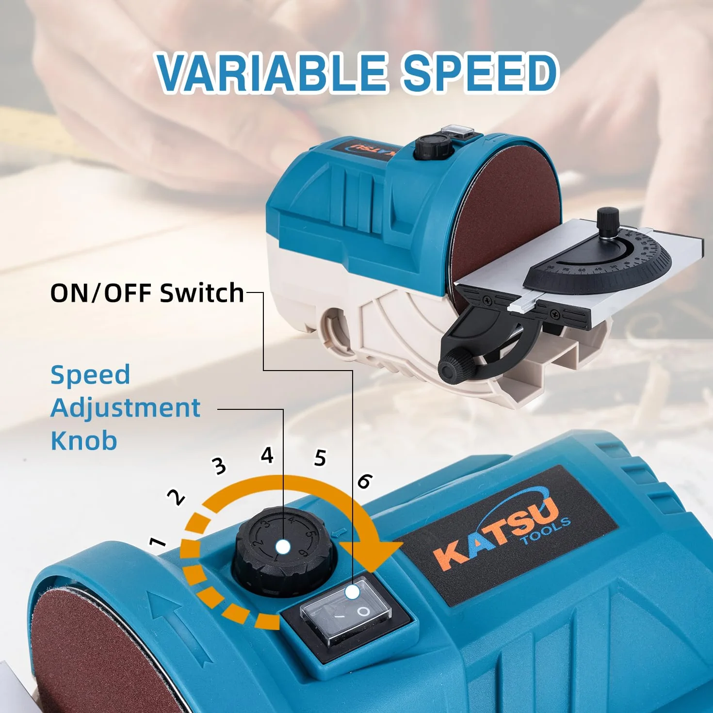 KATSU Tools Mini-Tellerschleifer 140 W 125 mm – Elektro-Schleif/Poliermaschine Holz, einstellbare Geschwindigkeit, Alu-Schwenktisch, Schleifscheiben