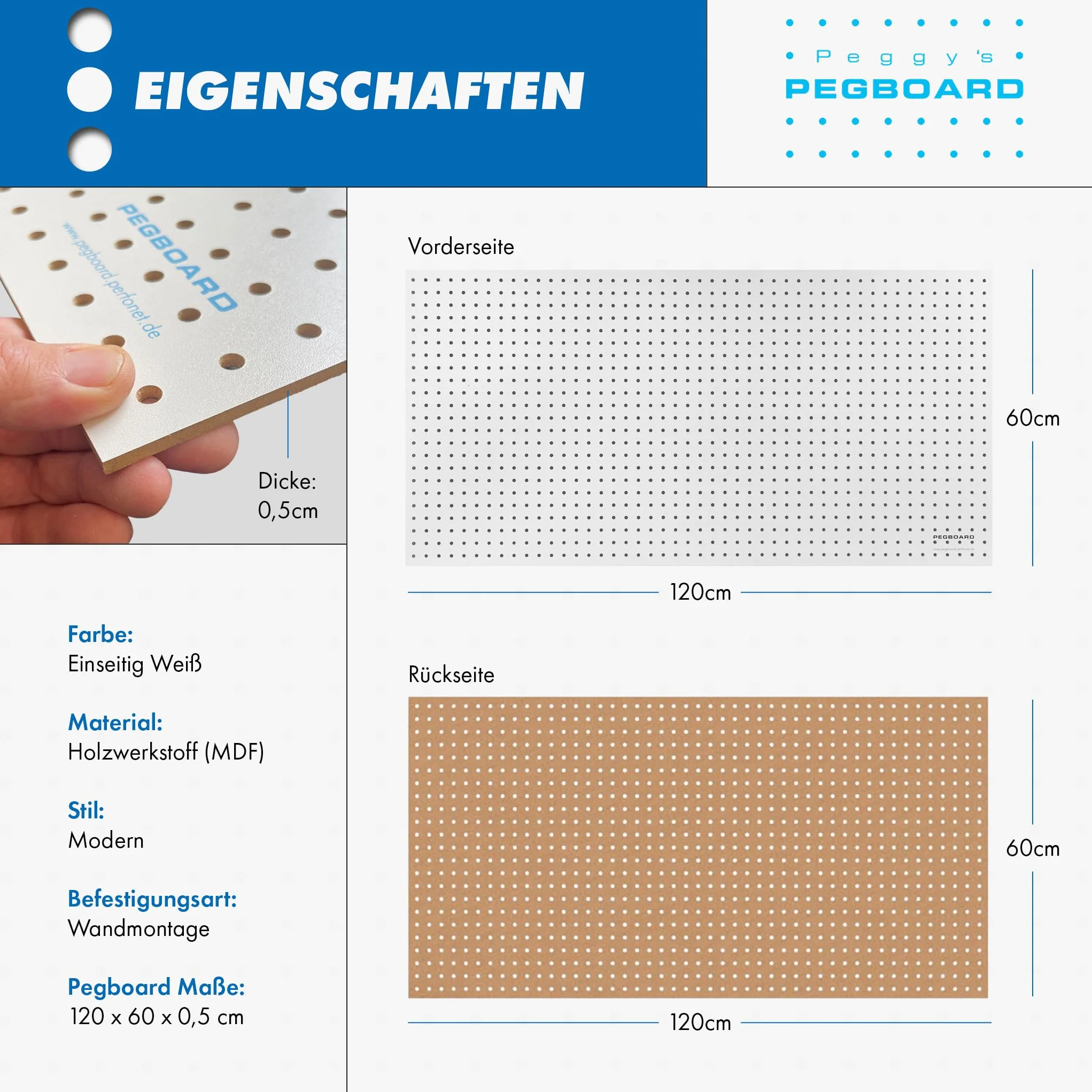 Pegboard 2 St. Werkzeugwand aus Holz (MDF) 120 x 60 x 0,5 cm - Lochung Ø7 mm Lochabstand 25,4 mm - weiß lackiert - Made in Germany