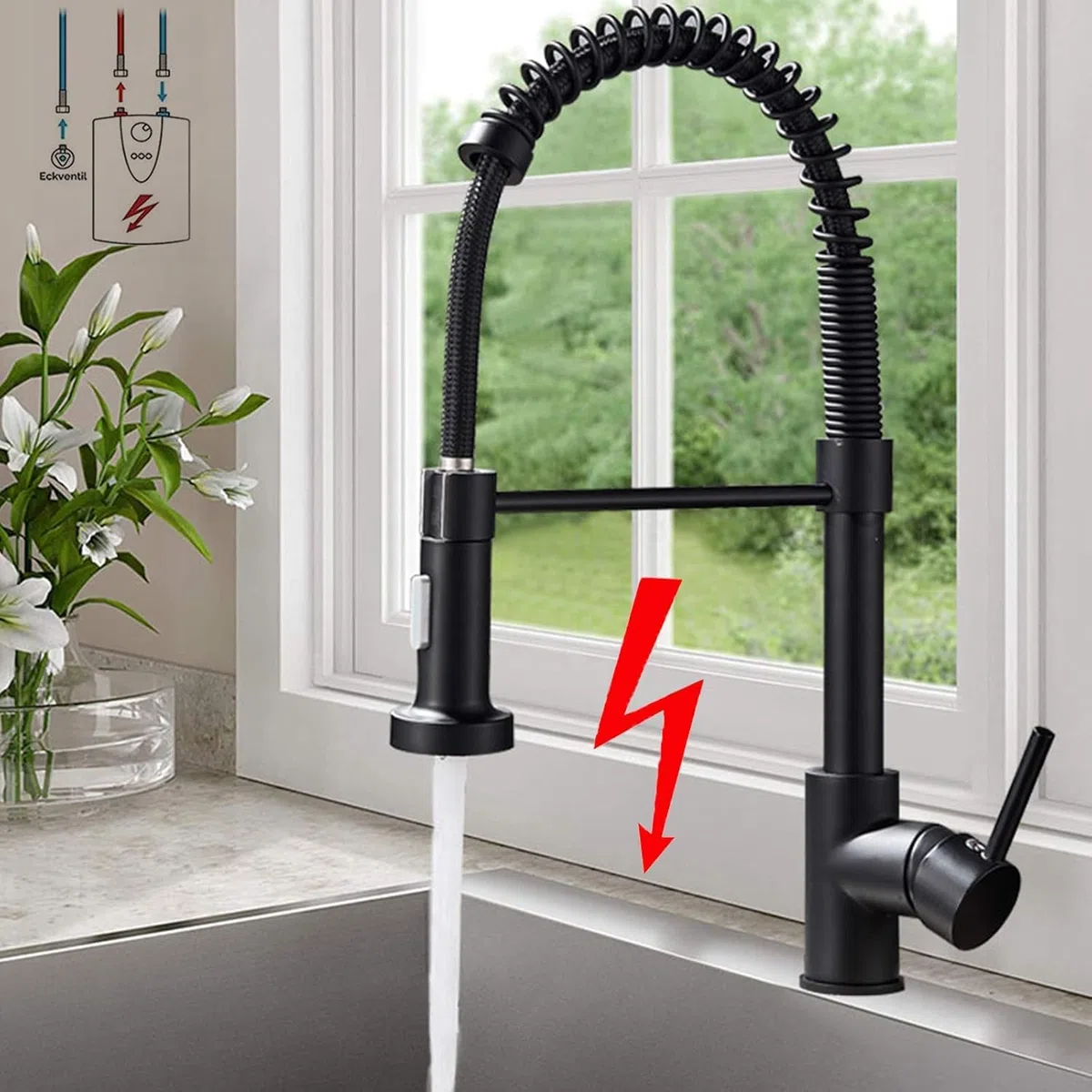 Niederdruck Armatur Küche Schwarz Wasserhahn Küche, 3 Wege Wasserhahn mit Ausziehbar Brause, 360° Drehbar mit 2 Sprühfunktionen, Mischbatterie Küche Edelstahl