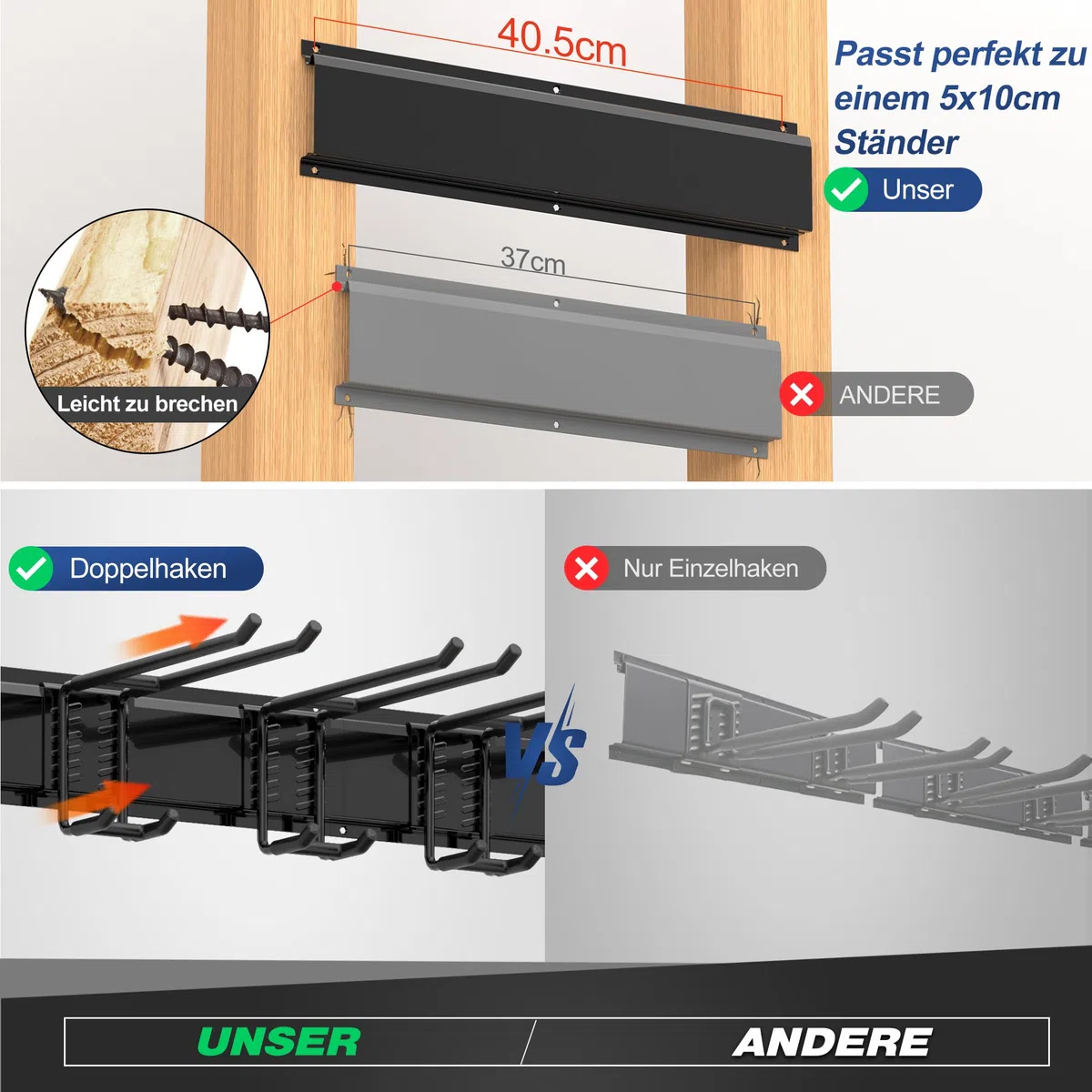 Sttoraboks Werkzeug-Wandregal, verstellbar Wandhalterungen für Garage und Garten mit 8 Haken & 3 Schienen, Hochbelastbares Werkzeugregal bis 204kg, für Garage, Garten, Ski, Besen, Rechen