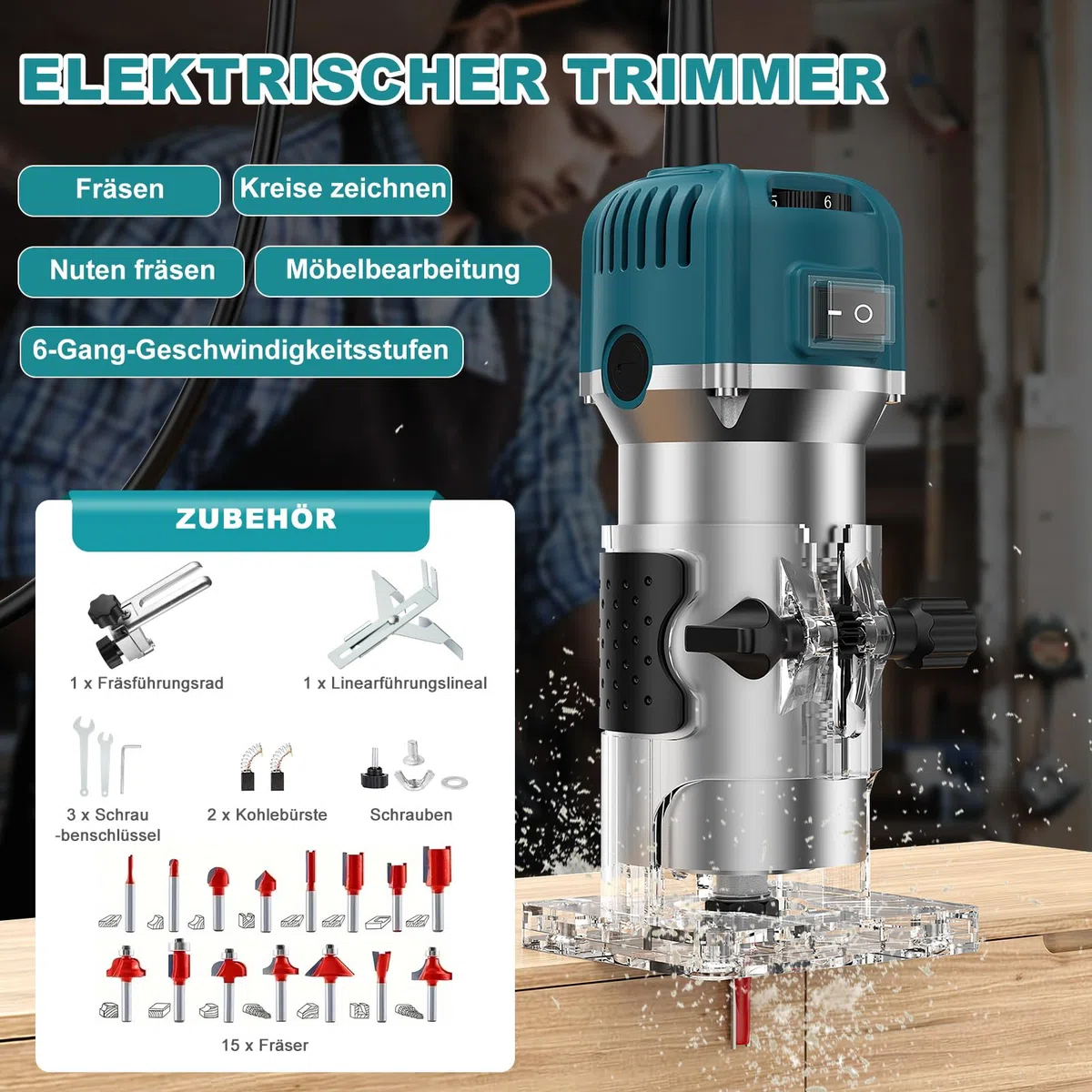 Holzfräse Oberfräse,800W 28000rpm Einhandfräse Kantenfräse Oberfräse Trimmer,6 Geschwindigkeit Electric Holz Fräse Tragbarer Handfräse Handpalmenfräser mit 15 Stück Fräser Für Holzbearbeitung