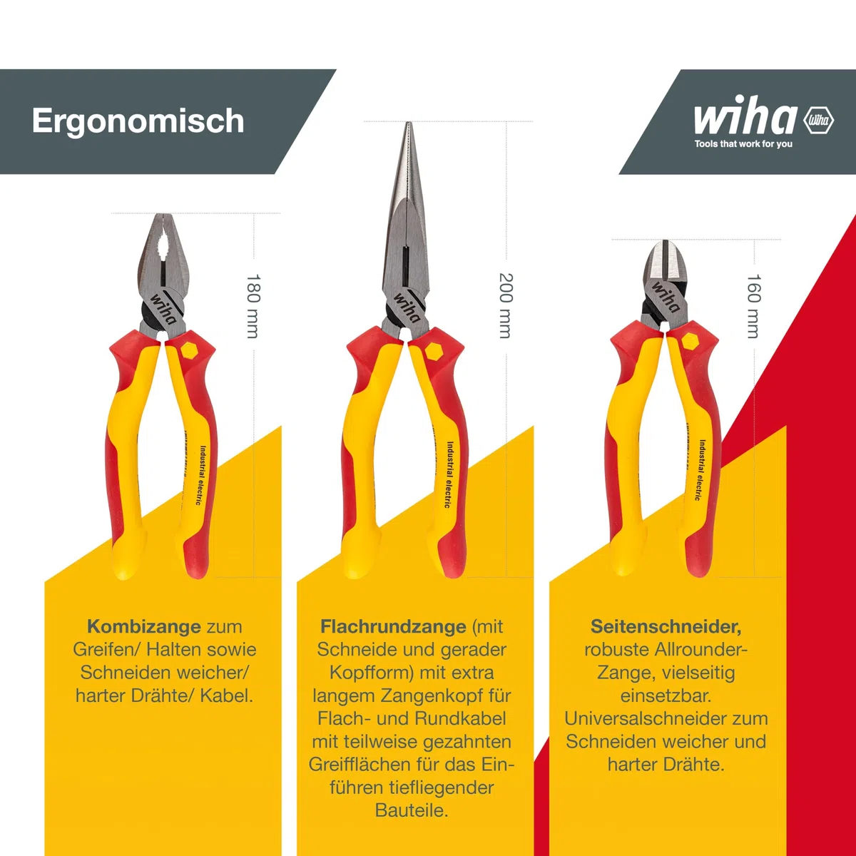 Wiha Zangen Set für Elektriker (38637) 3-tlg. I Universal Kombizange 180mm + Flachrundzange 200mm + Seitenschneider 160mm I Zangenset Elektro VDE