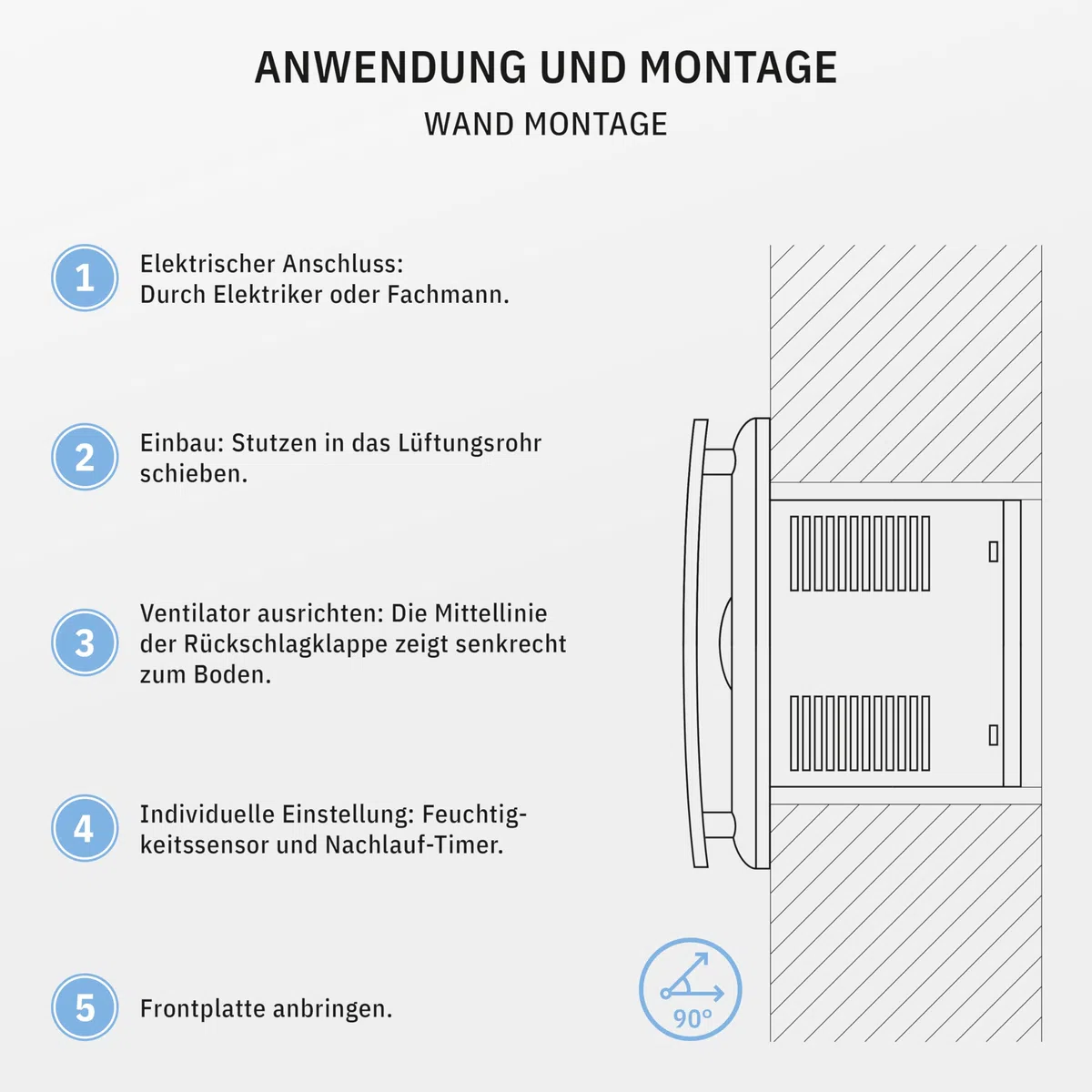 BREEZE Badlüfter 100mm Mit Nachlauf Und Rückstauklappe, Badlüfter Mit Feuchtigkeitssensor, Energieeffizient, Leise, Kunststoff 12 W, 95m³/h, 32db, Ipx4