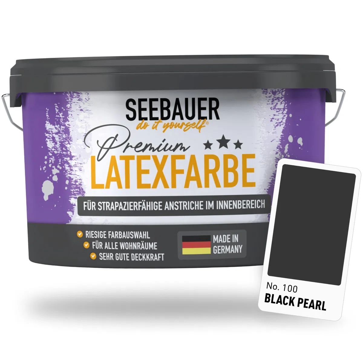 Latexfarbe Schwarz für Innen 5L (No. 100 Black Pearl) - Seidenmatte Innenfarbe für Putz, Beton & Mauerwerk - Abwaschbare Wandfarbe für Küche & Bad