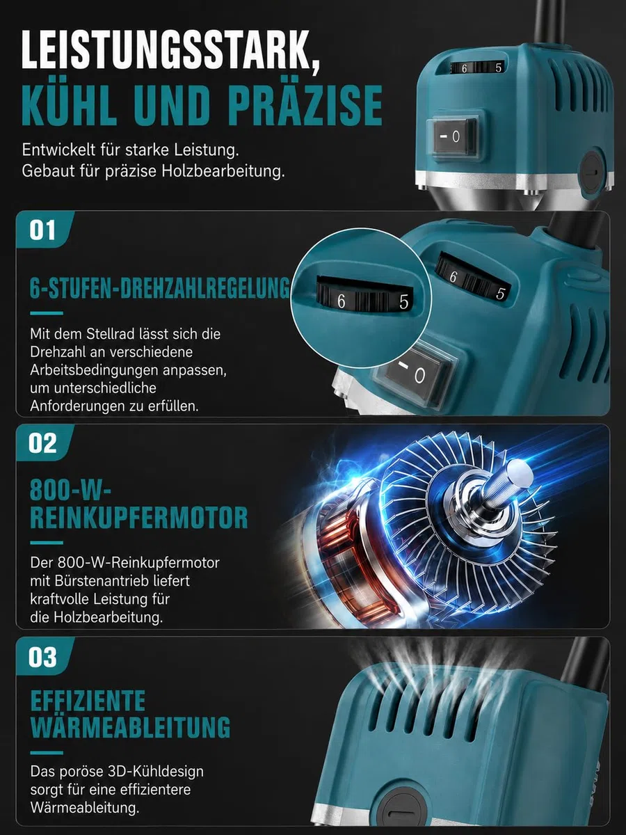 VOBOR Holzfräse Oberfräse, 800W 30000 U/min Elektrik Kantenfräse mit 15 Pcs 1/4" Fräsen Cuter, 6 Variable Geschwindigkeiten 6mm, 6.35mm Spannzange für die Holzbearbeitung