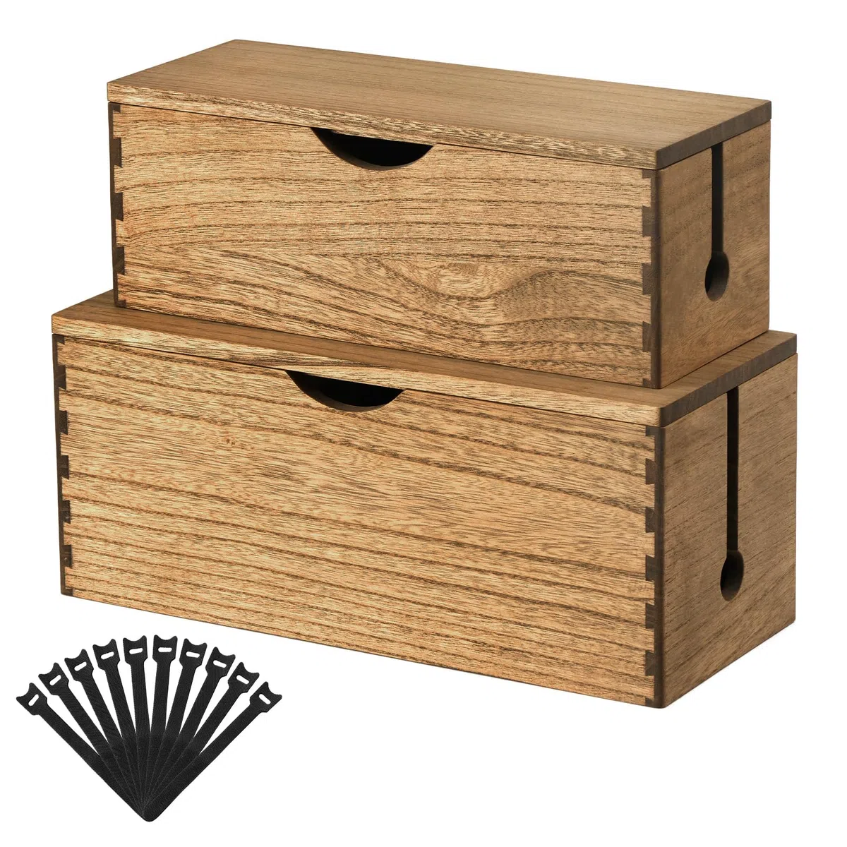 KIRIGEN Kabelbox aus Paulownia-Holz, 2er-Set mit klappbarem Deckel, Kabelmanagement-Box für Steckdosenleisten, Ladegeräte und Netzteile, inklusive 10 Kabelbindern, Dunkelbraun