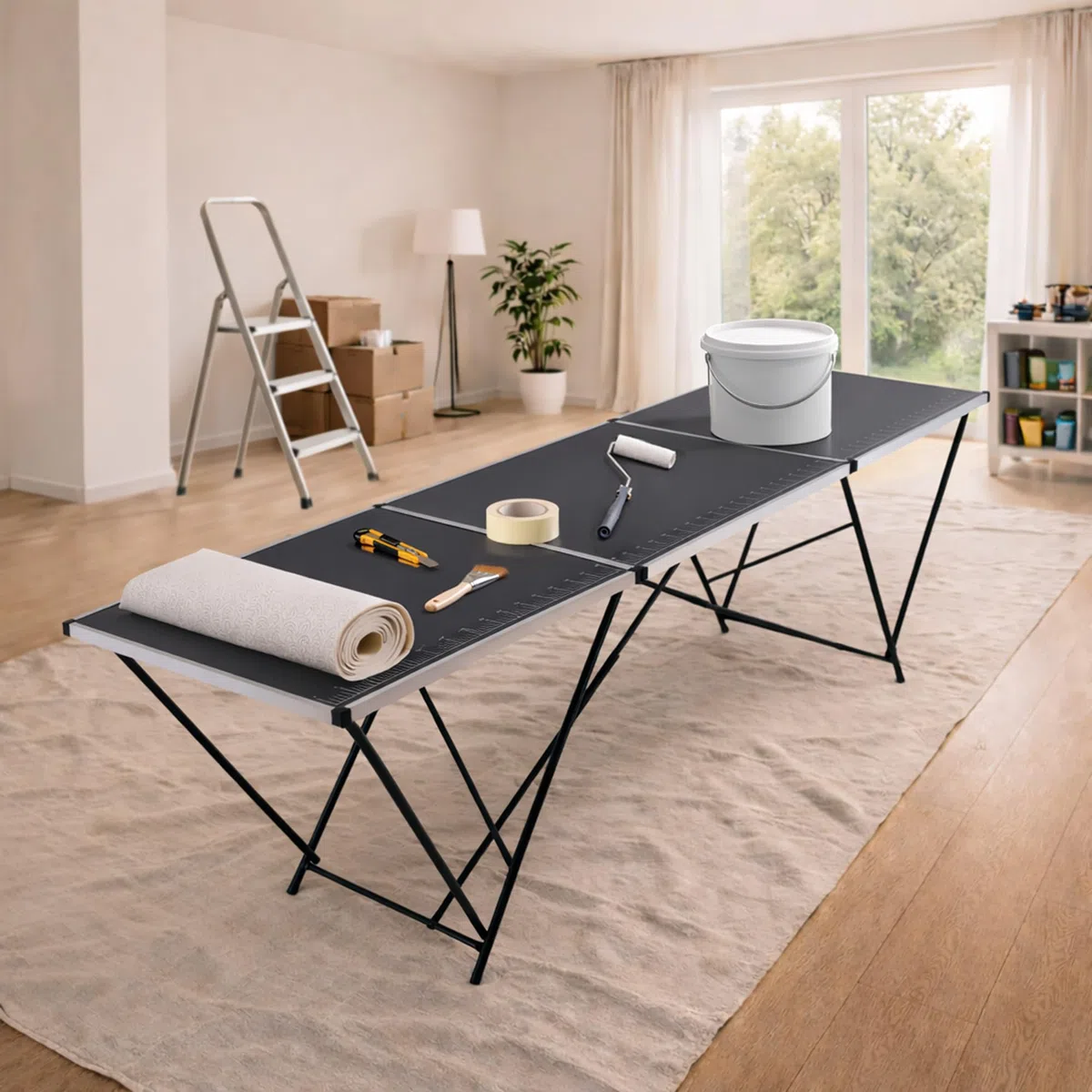Raburg Tapeziertisch, einteilig, Alu Multifunktionstisch, Arbeitstisch klappbar, 300x60x77, bis 30 kg belastbar, Zentimeter-Skala 290 cm, Heimwerken Flohmarkt Tapezieren Hobby Renovieren, Stan