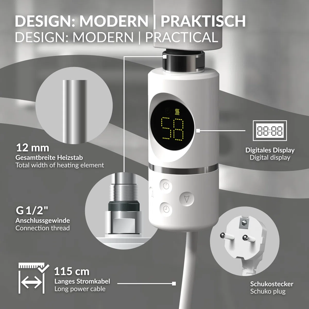 LuxeBath Heizstab 600W Weiß mit Thermostat und Digitalanzeige, Elektronischer Temperaturregler und Timer-Funktion, Heizpatrone Heizelemente für Badheizkörper Heizungen, Elektroheizstab mit Stecker