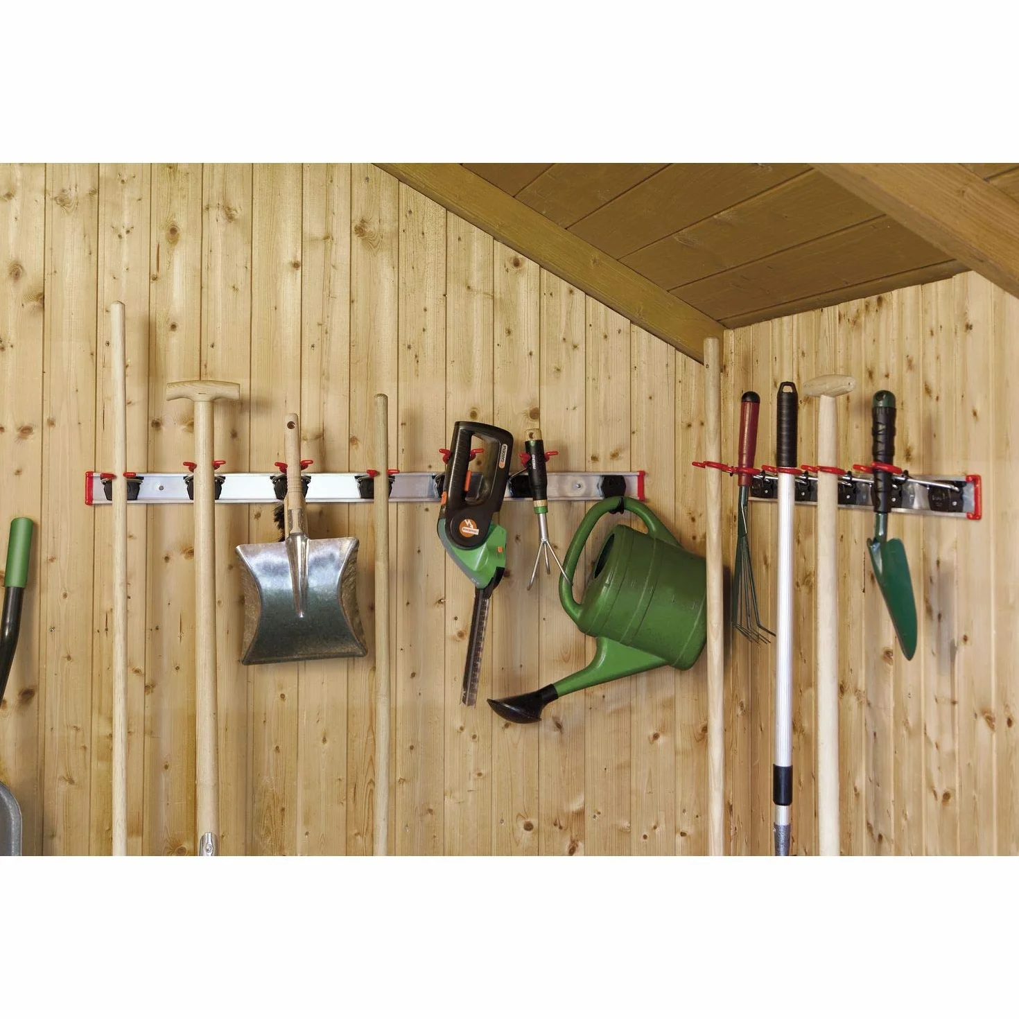 Bruns Gerätehalter 100 cm - 2 Schienen mit 14 Halter und 4 Haken - Gartengerätehalter, Besenhalterung Wandhalterung Spannbereich 0-50mm, schwarz/rot