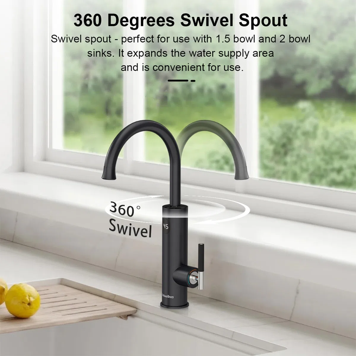 Wasserhahn für Durchlauferhitzer, 220V Heißwasserhahn, Elektrischer Küchenwasserhahn aus Edelstahl, 360 Grad Drehbarer Heiß Wasserhahn (schwarz)