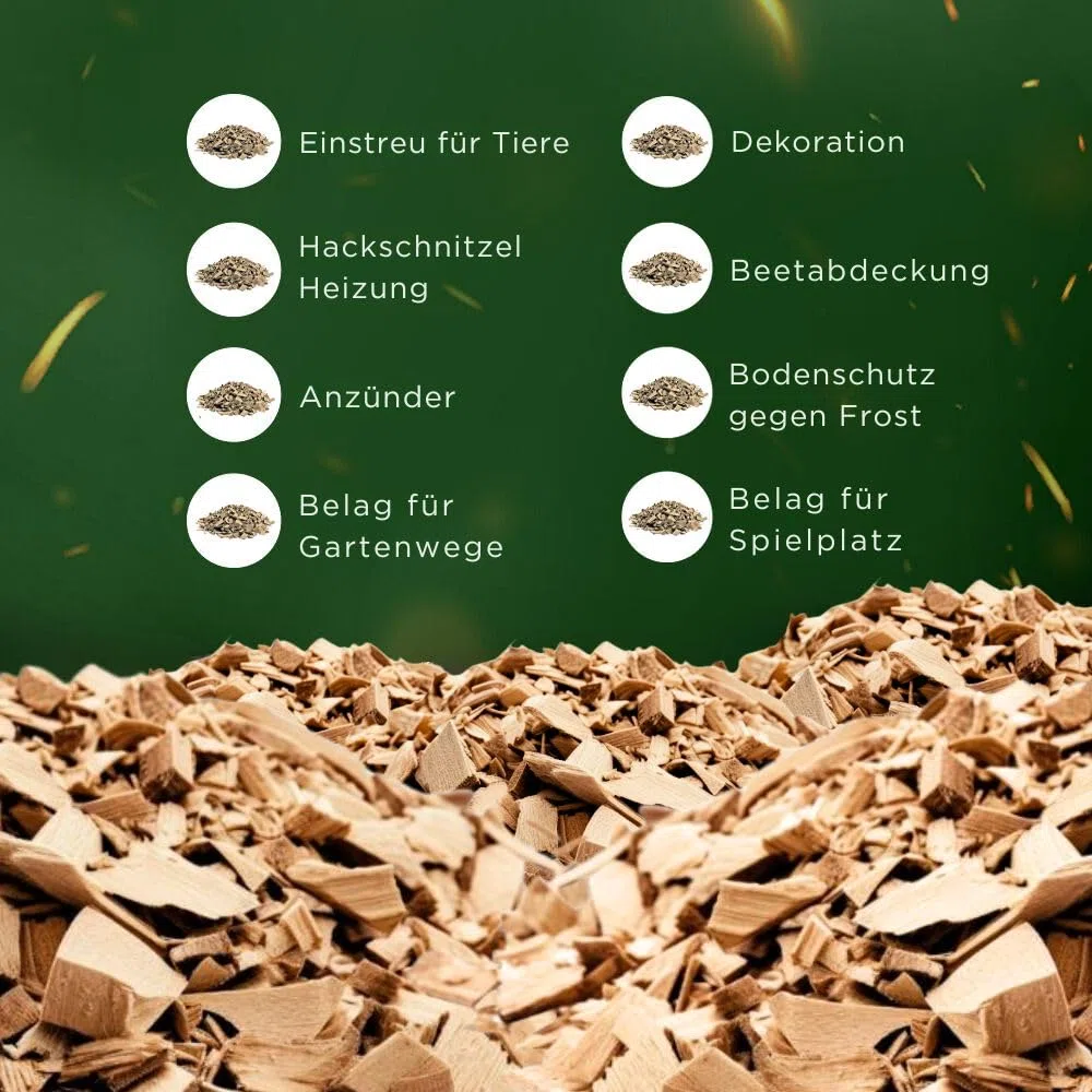 Hackschnitzel 200 Liter für den Garten - Ideal für Hackschnitzelheizung und als Anzünder - trockene Kiefer Holzhackschnitzel - Rindenmulch-Ersatz für Spielplatz, Gartenwege und Beete