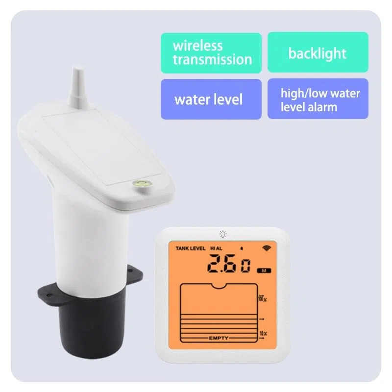 Digitales Wasserstandsmessgerät mit Hintergrundbeleuchtung, 1-5 m Messbereich, akustisches Alarm bei hohem/niedrigem Füllstand, Übertragungsreichweite bis 100 m, für Tanküberwachung