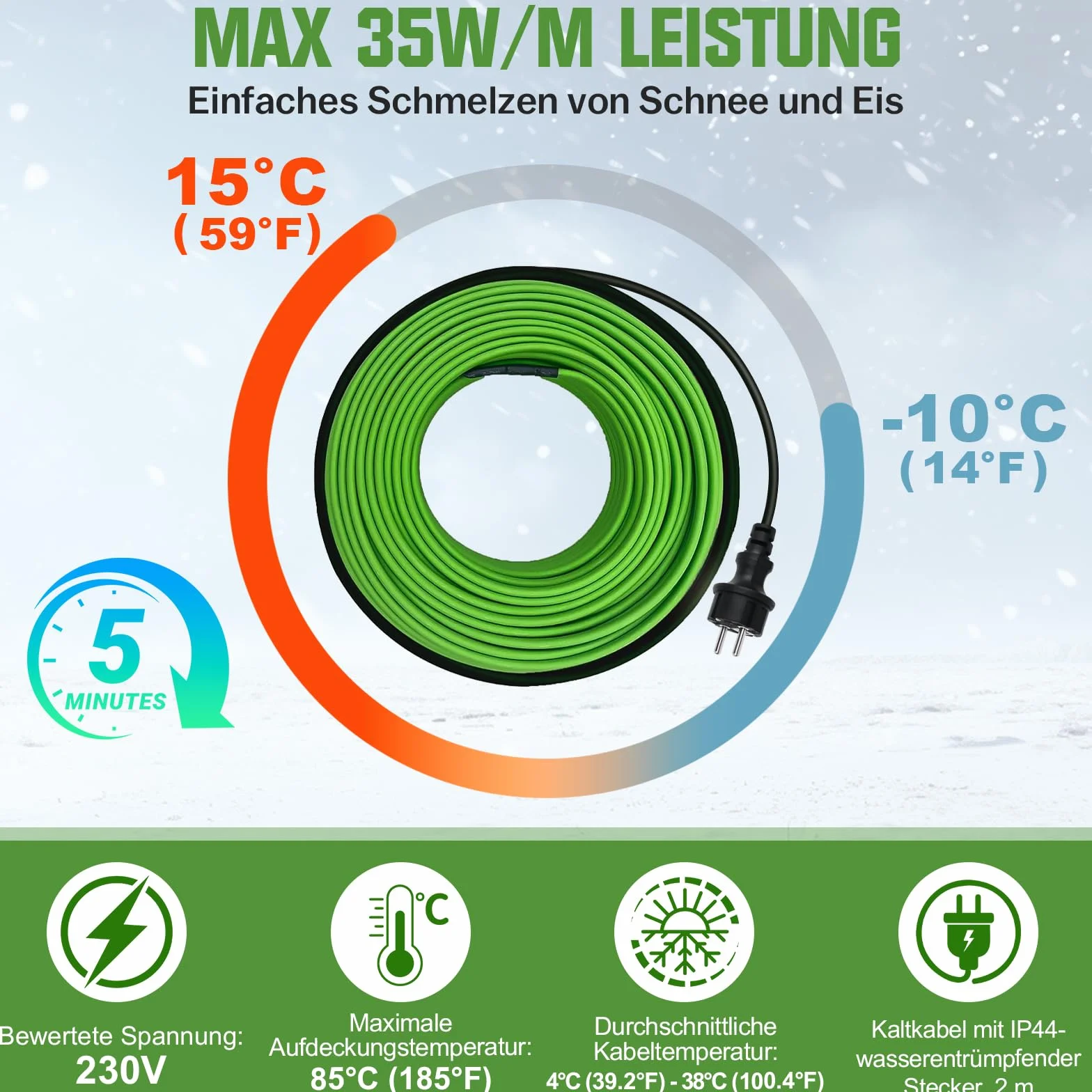 12M Heizkabel mit Thermostat, 35W/m Selbstregulierendes Frostschutz Heizkabel mit Betriebsanzeigeleuchte, Begleitheizung Wasserleitung von Wasserleitungen, Dachrinnen und Weidetränken, IP68
