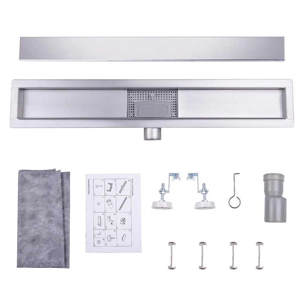 Duschrinne 60 cm Befliesbar Edelstahl komplettset Duschablauf Extra Flach Siphon mit Geruchsstop und Haarsieb Duschabfluss Bodenablauf Größen 30cm -100cm Ablaufrinne für Badezimmer