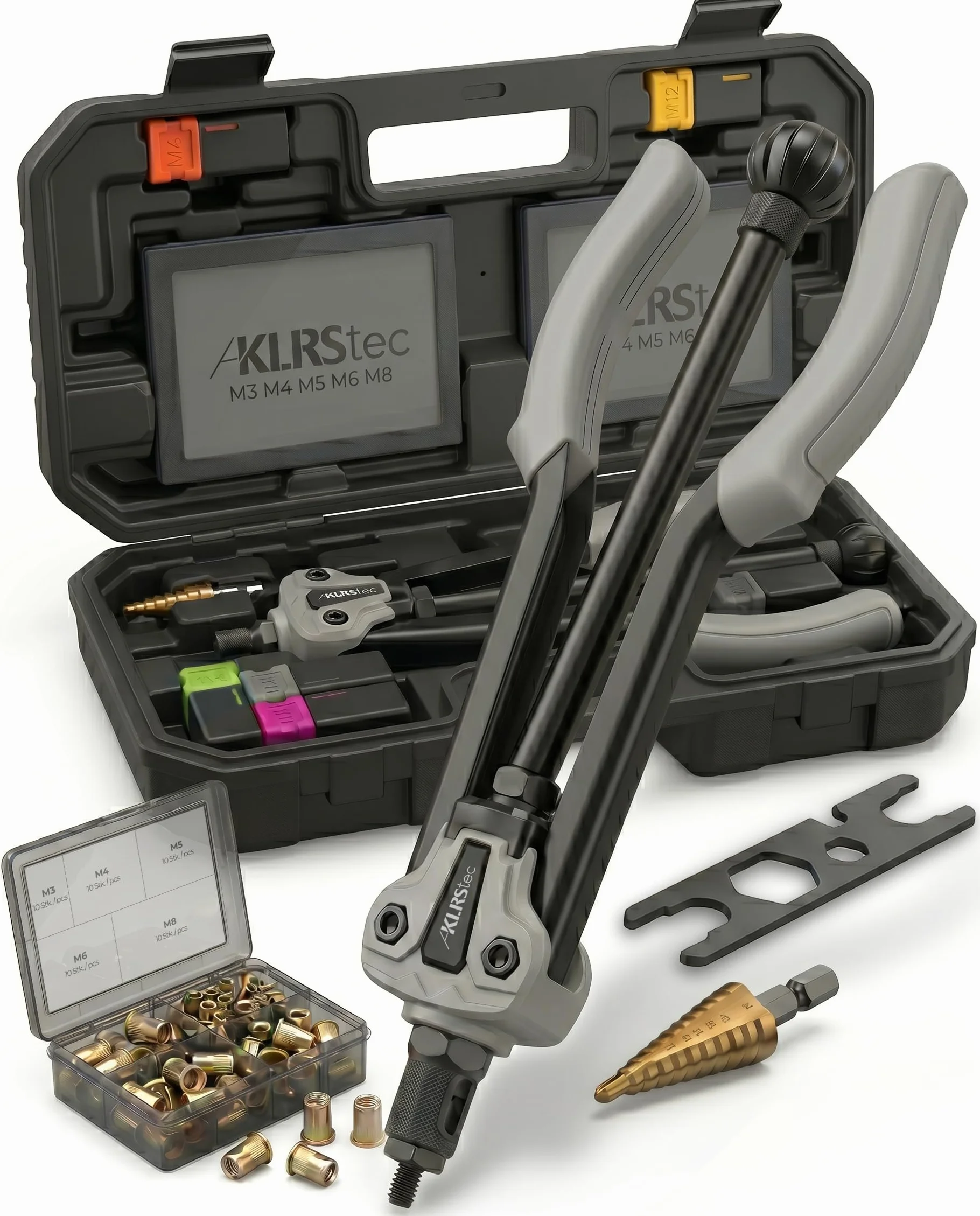 KLRStec Professional Nietmutternzangen Set [M3–M12] Halbautomatische Nietmutternzange für schnelleres arbeiten inkl. 70 Nietmuttern, Stufenbohrer & Werkzeugkoffer – Profi Nietenzange Set