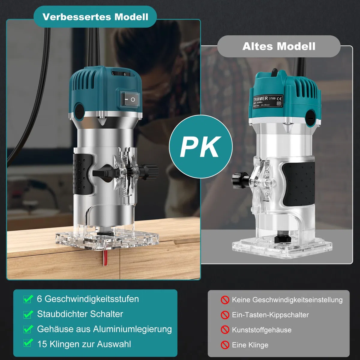 Holzfräse Oberfräse,800W 28000rpm Einhandfräse Kantenfräse Oberfräse Trimmer,6 Geschwindigkeit Electric Holz Fräse Tragbarer Handfräse Handpalmenfräser mit 15 Stück Fräser Für Holzbearbeitung