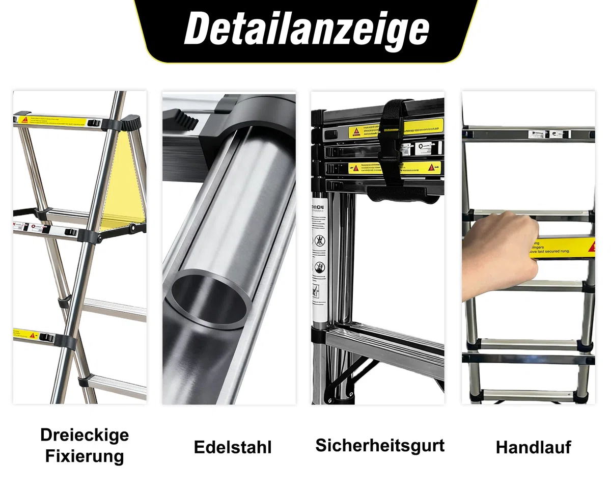 1.4+1.7 m Teleskopleiter,Edelstahl Leiter Ausziehbar,4+5 Treppe Ausziehbare Leiter Mehrzweckleiter für Dach Haushaltsleiter Außenleiter Wohnmobil 150 kg Belastbarkeit