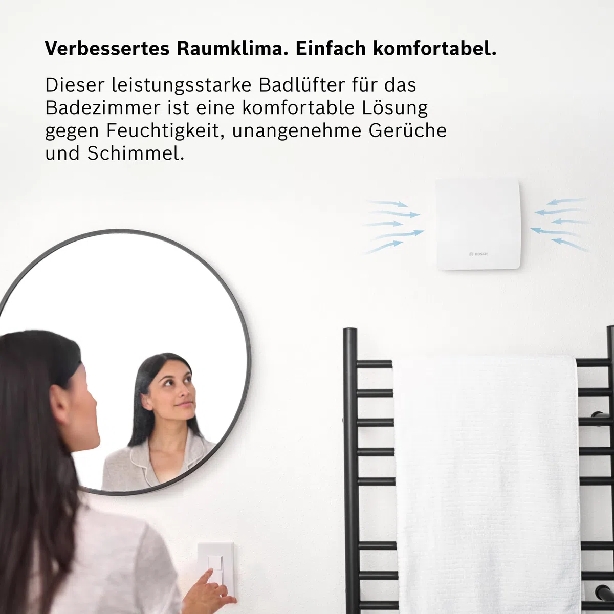 Bosch Badlüfter 1500 DH 100mm - Für Belüftung im Badezimmer und WC, Gegen Feuchtigkeit und Schimmel - Mit Hygrostat und Timer - 100 mm Durchmesser