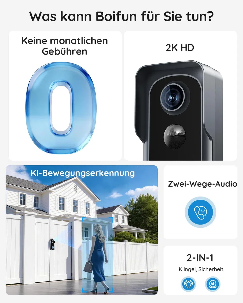 BOIFUN WLAN Video Türklingel mit Kamera, Ultra-HD-Funkklingel mit Kamera,Alexa-kompatibel, Nachtsicht, PIR Bewegungserkennung, 2-Wege-Audio, SD- & Cloud-Speicher, mit Chime, 2.4GHz, Schwarz