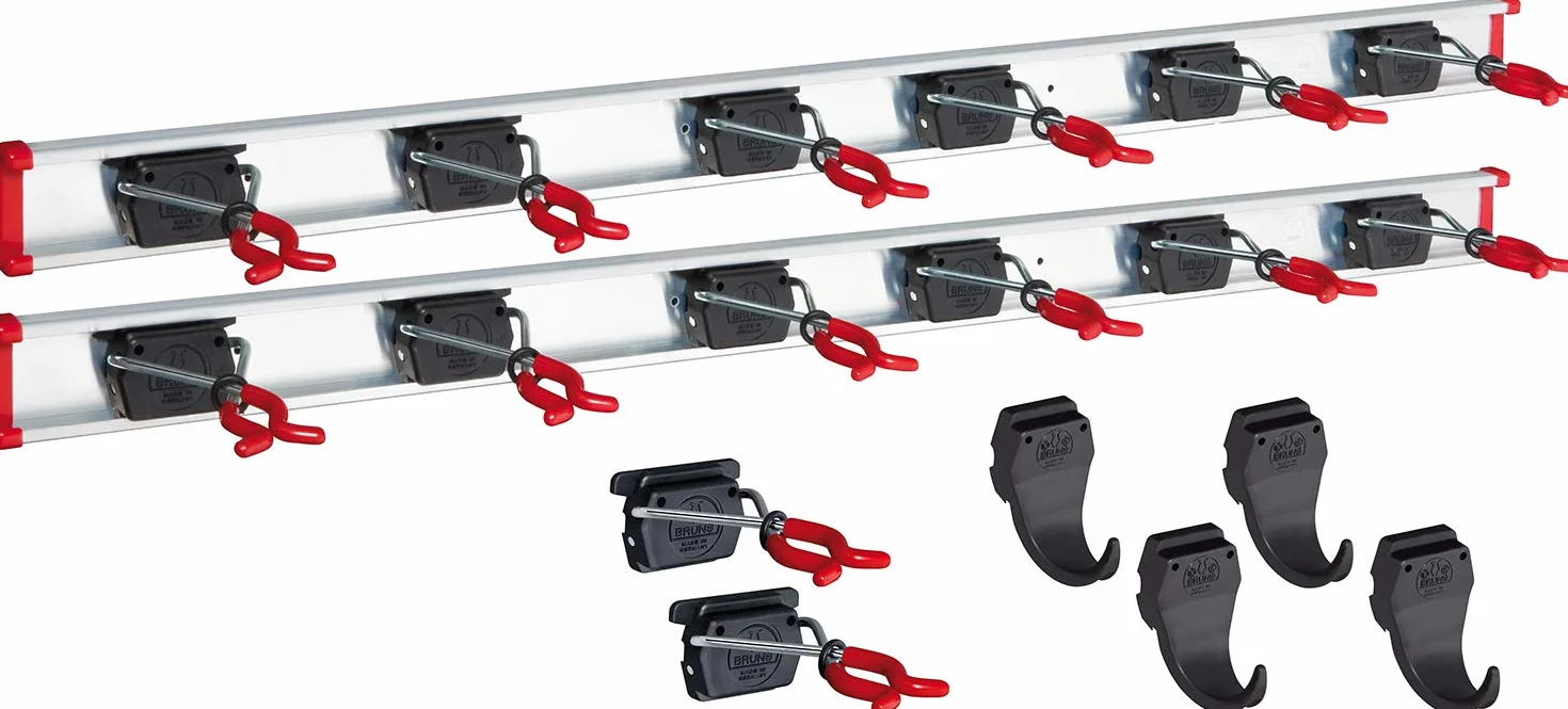 Bruns Gerätehalter 100 cm - 2 Schienen mit 14 Halter und 4 Haken - Gartengerätehalter, Besenhalterung Wandhalterung Spannbereich 0-50mm, schwarz/rot