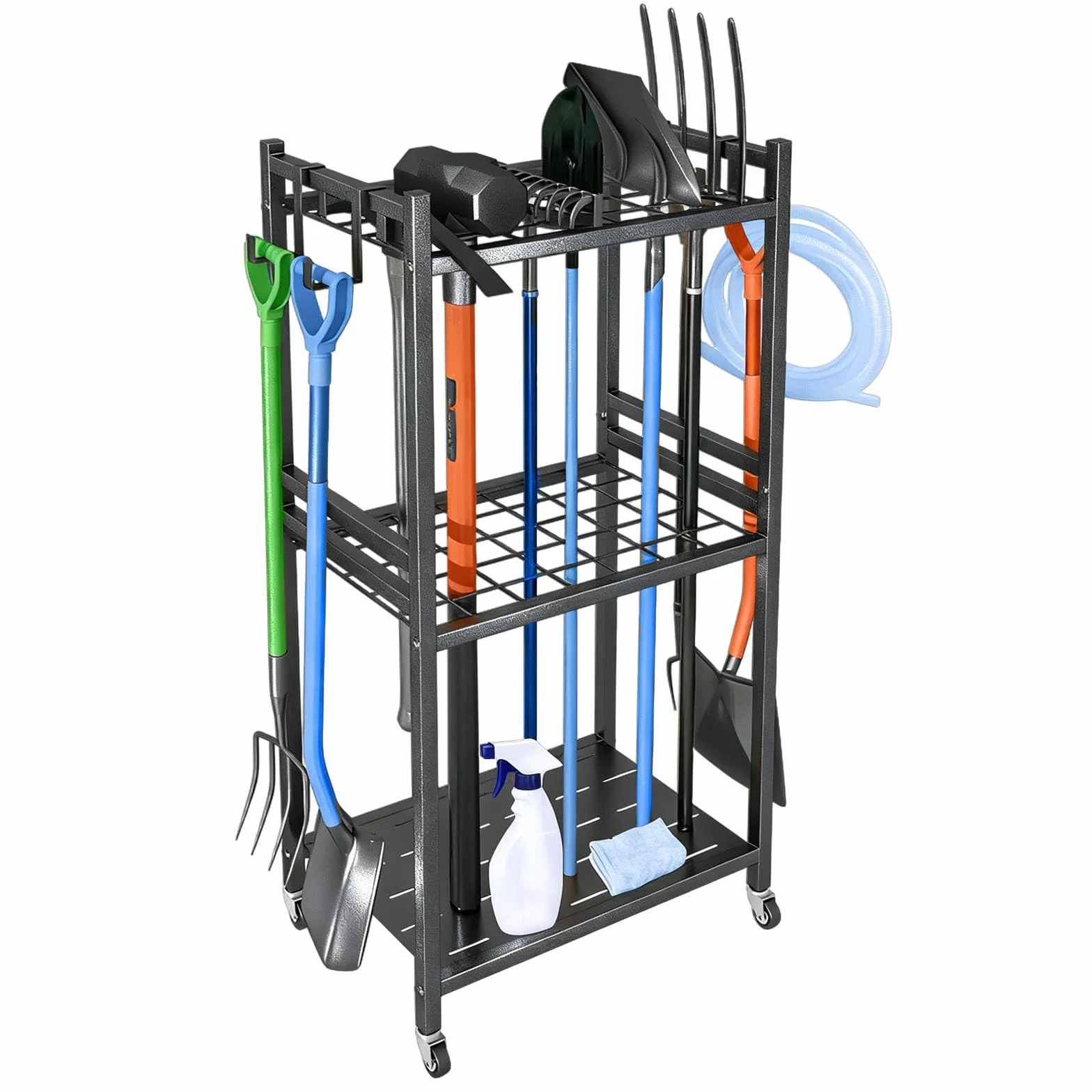 Gartenwerkzeug Organizer mit 4 Haken, Metall Gartengerätehalter für Besen Mop Rechen Schaufel, Gartenwerkzeug aufbewahrung für Garten und Garage Garagen, garten organizer (schwarze, 42x30x80 cm)