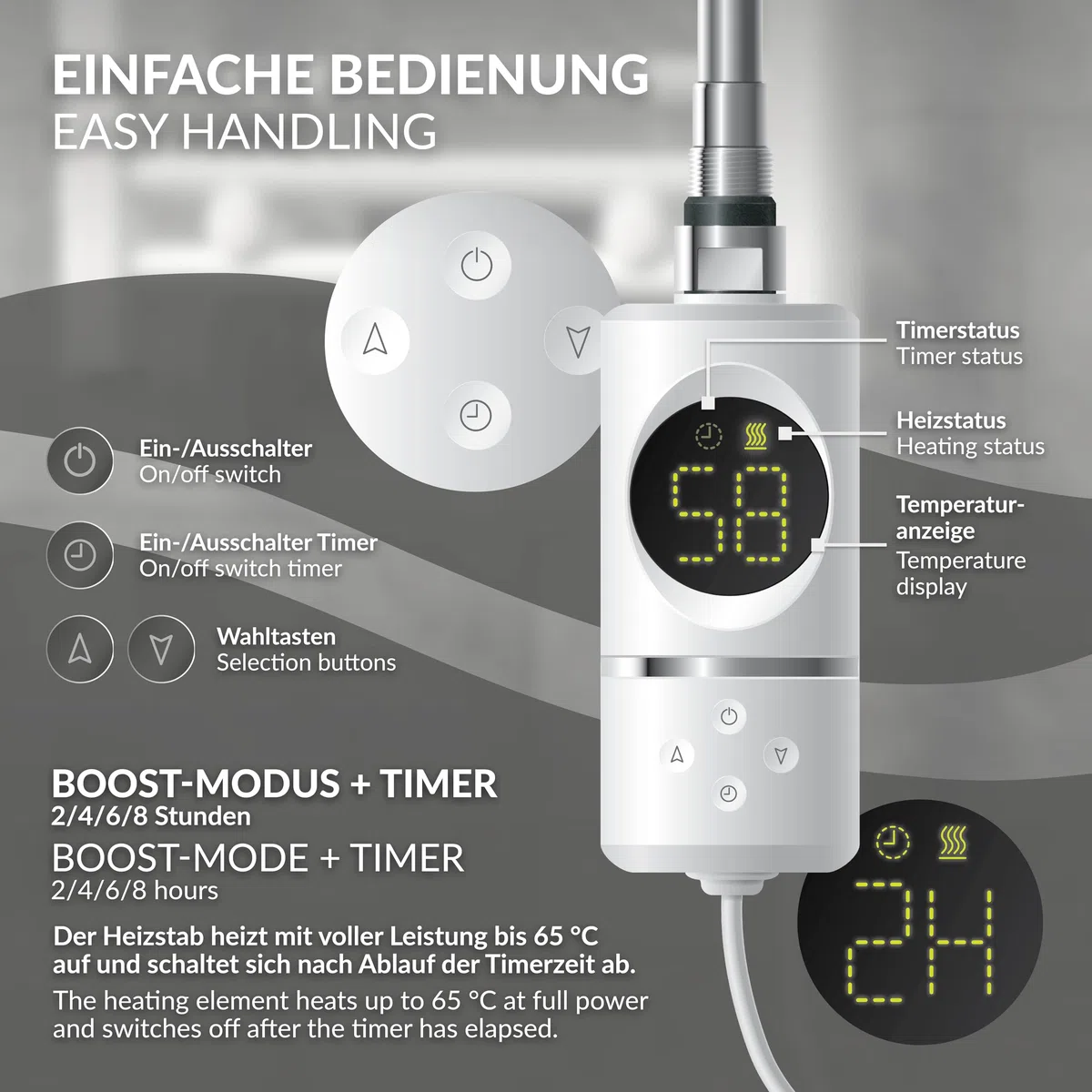 LuxeBath Heizstab 600W Weiß mit Thermostat und Digitalanzeige, Elektronischer Temperaturregler und Timer-Funktion, Heizpatrone Heizelemente für Badheizkörper Heizungen, Elektroheizstab mit Stecker