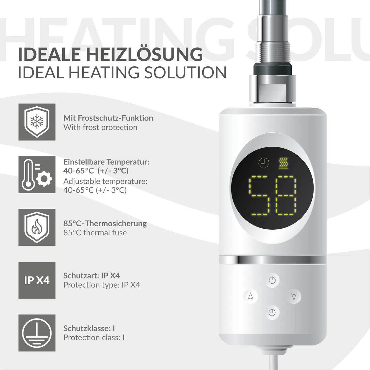 LuxeBath Heizstab 600W Weiß mit Thermostat und Digitalanzeige, Elektronischer Temperaturregler und Timer-Funktion, Heizpatrone Heizelemente für Badheizkörper Heizungen, Elektroheizstab mit Stecker