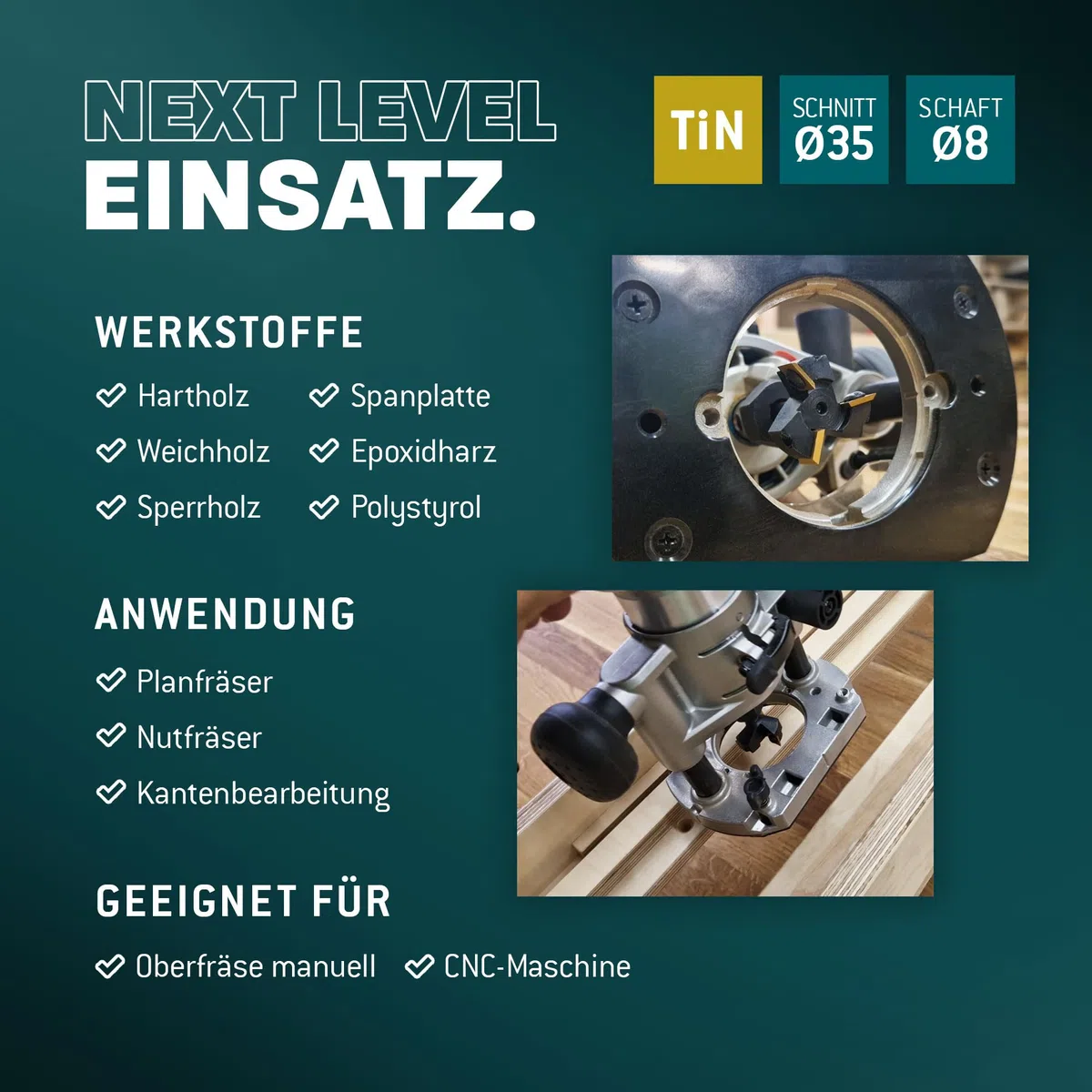 Bayerwald NeoTwister Planfräser für Oberfräse f. Holz - SchnittØ 35 mm/SchaftØ 8 mm - Planfräsen/Nutfräsen/Kantenfräsen - tauschbare TiN-besch. Messer - Profiwerkzeug, präzise&langlebig