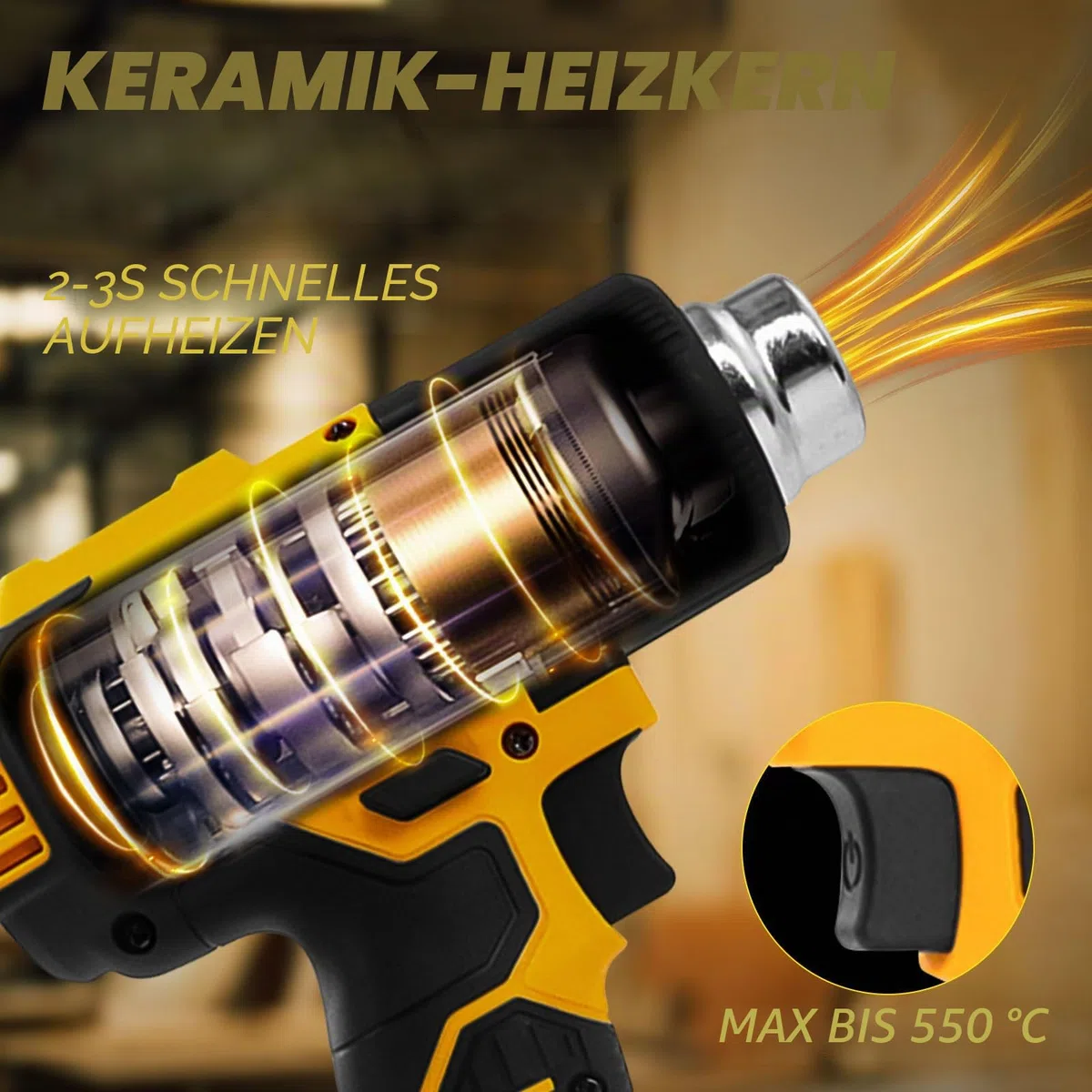 Akku-Heißluftpistole für Dewalt 20V Akku, 50℃-550℃ Heißluftpistole mit Digitalanzeige, Schnellheizung Kabellose Heißluftpistole, Einstellbare Temperatur und Luftstrom mit 5 Düsen