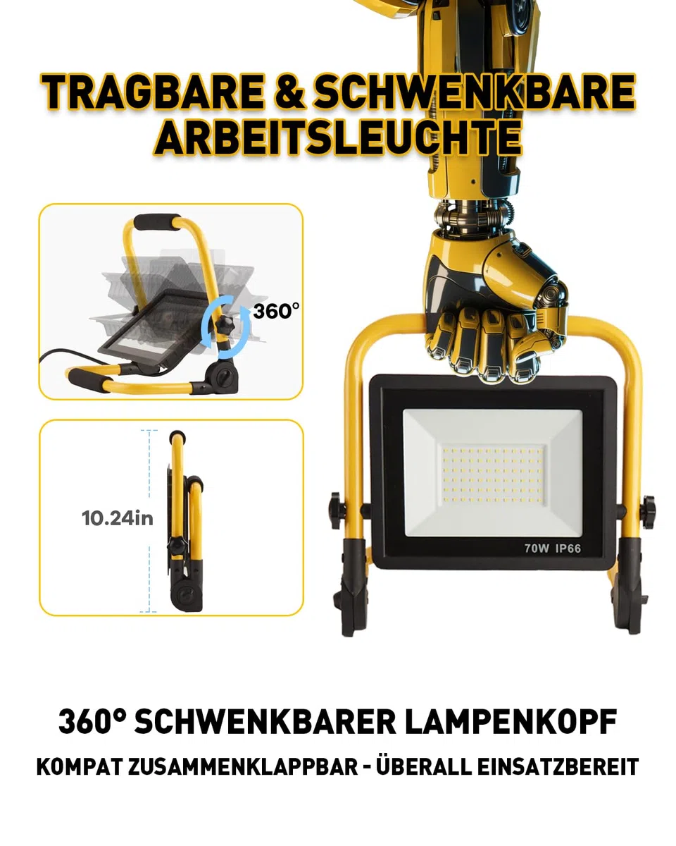 LED Baustrahler 70W, LED Arbeitsleuchte mit 4 Meter Kabel:, Wasserdichtes Arbeitsscheinwerfer Bauscheinwerfer für Werkstatt oder Baustelle, Garage, 6500K Tageslichtweiß