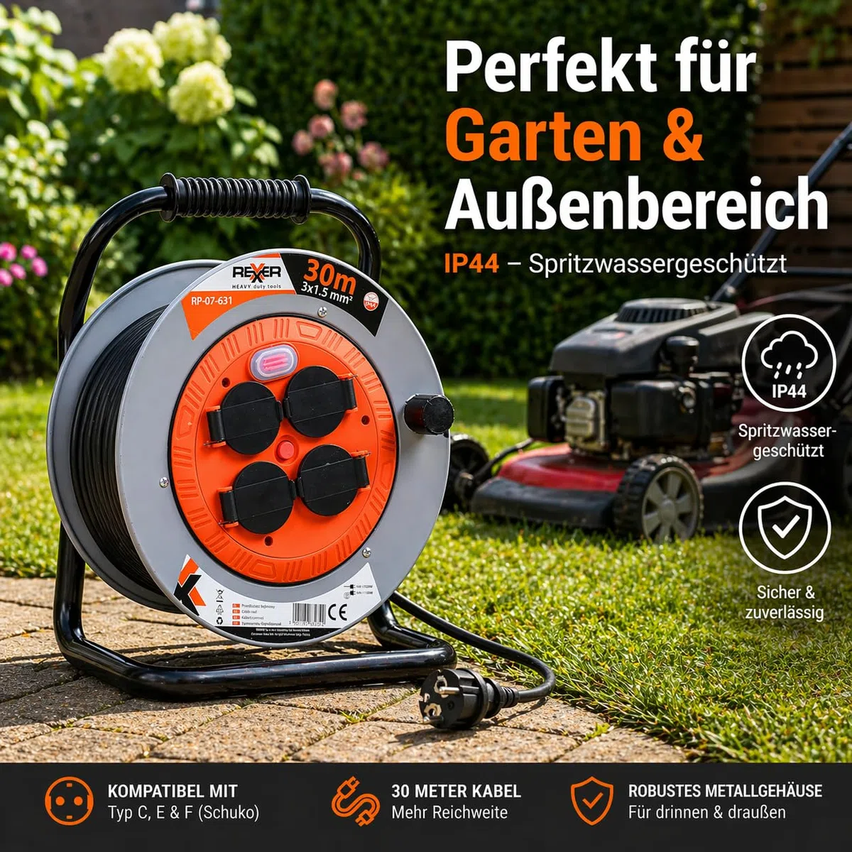Rexxer Kabeltrommel 30m Metall IP44 für Außenbereich 4 Steckdosen Typ E Verlängerungskabel 3x1,5 mm² mit Erdung Baustelle Garten