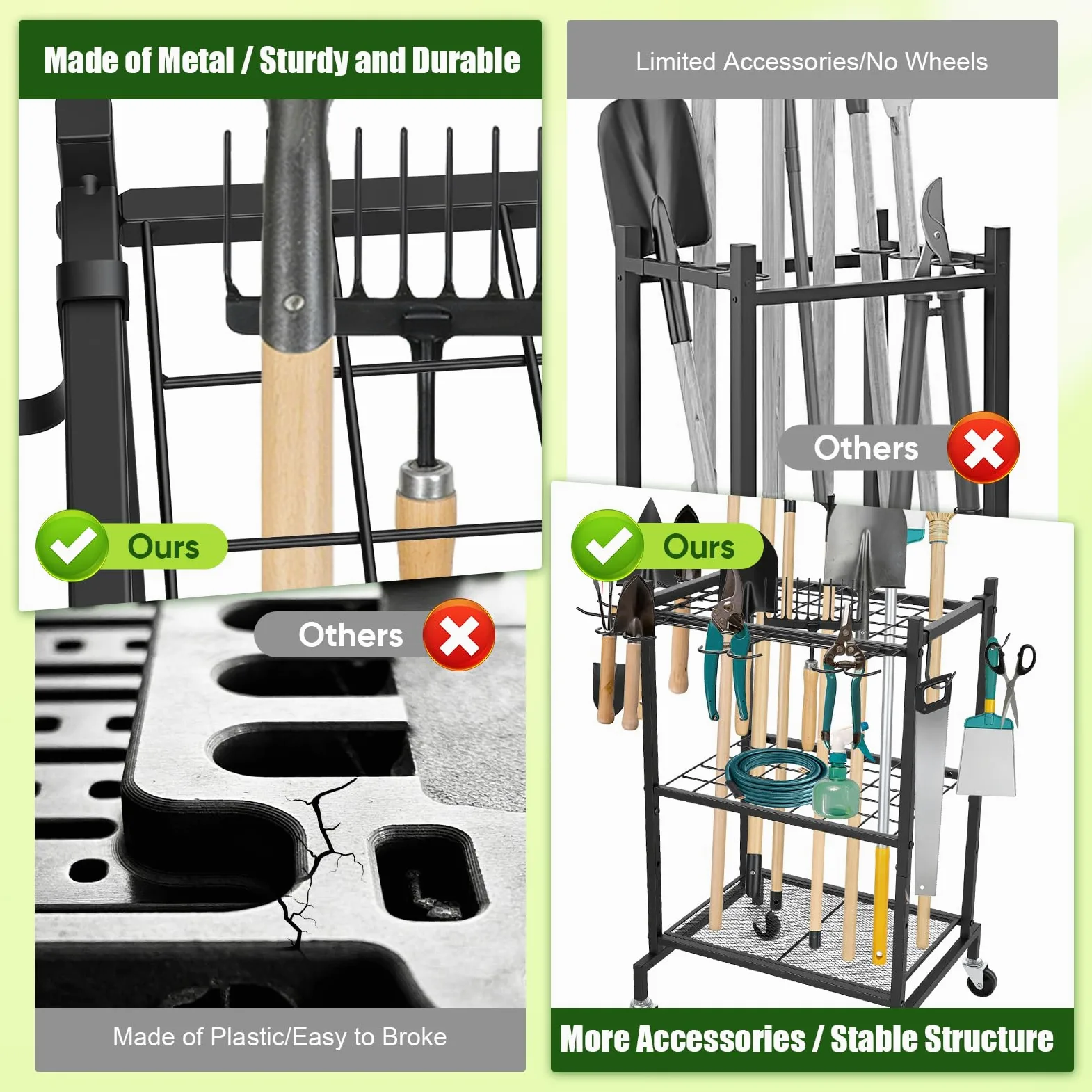Gartenwerkzeug Organizer Garage Standregal,4 Haken und 35 Schlitze, Kohlenstoffstahl, Mehrzweck Gartengerätehalter mit Rollen, für Schuppen Besen, Mopp, Rechen, Schaufel, Gartenschlauch