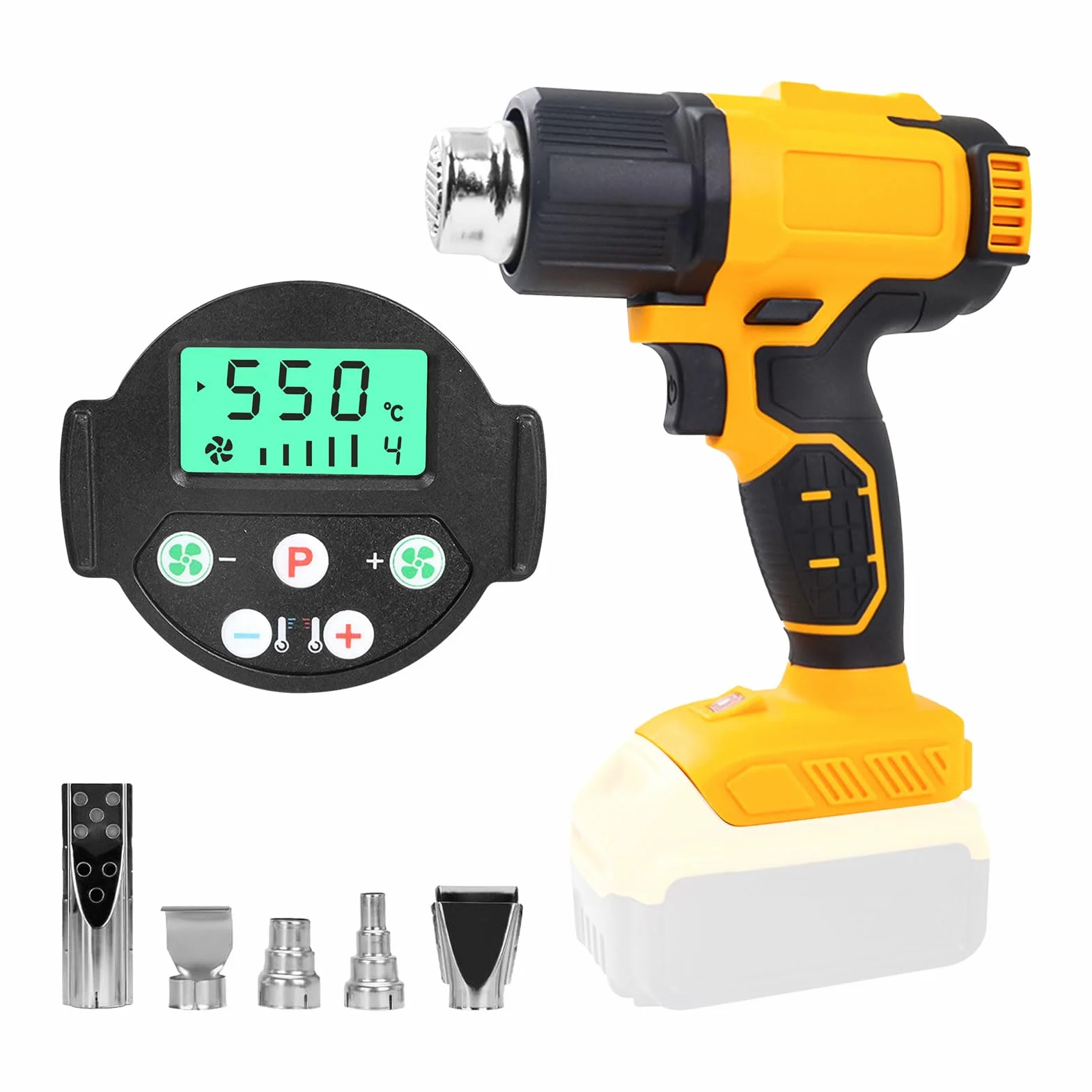 Akku-Heißluftpistole für Dewalt 20V Akku, 50℃-550℃ Heißluftpistole mit Digitalanzeige, Schnellheizung Kabellose Heißluftpistole, Einstellbare Temperatur und Luftstrom mit 5 Düsen