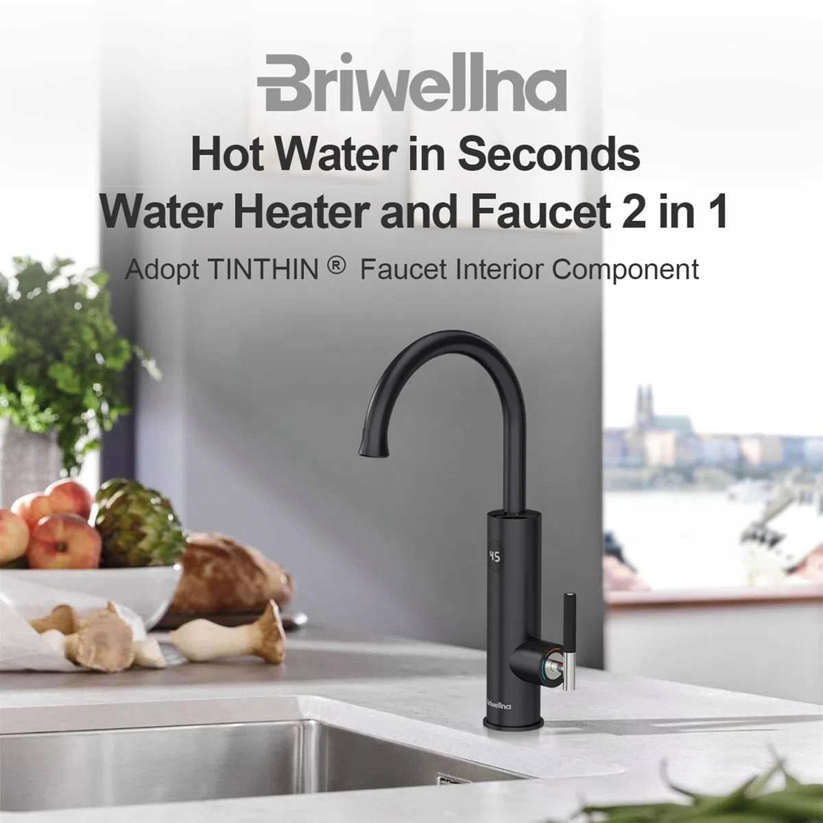 Wasserhahn für Durchlauferhitzer, 220V Heißwasserhahn, Elektrischer Küchenwasserhahn aus Edelstahl, 360 Grad Drehbarer Heiß Wasserhahn (schwarz)