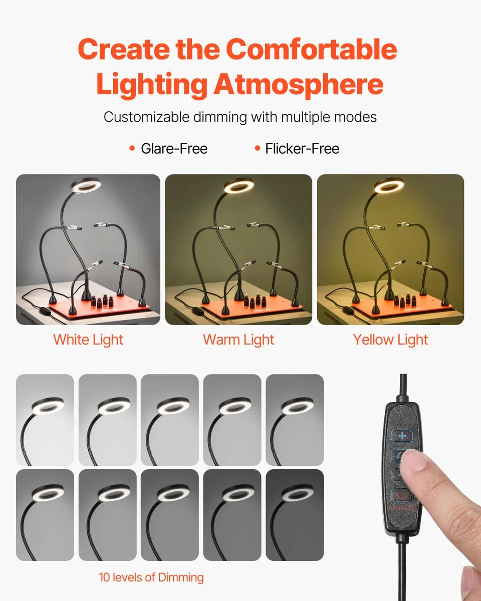 VEVOR Löthilfe Dritte Hand, Magnetische Lötstation, Lötwerkzeug mit 4 flexiblen Armen, mit LED-Vergrößerungslampe, 4 PCB-Säulenhaltern & Basis, für Reparaturen, Basteln, Hobby, Heimwerken