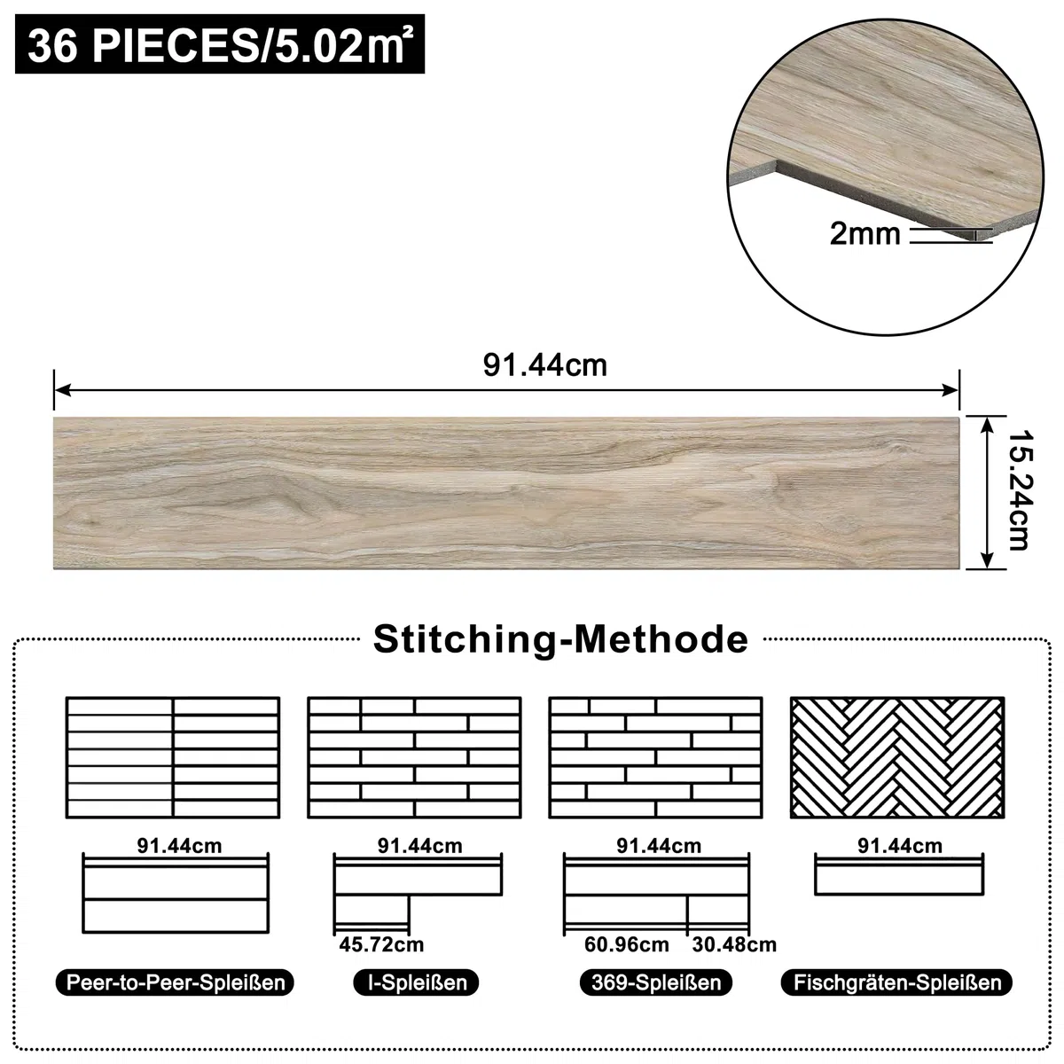 Vinylboden Selbstklebend PVC Bodenbelag, Fliesen Vinyl Holzoptik Bodenaufkleber Wasserdicht Verschleißfest, für Bad Küchen Garage, 91,44 x 15,24 cm, Dicke 2 mm, 36 stück - 5m², Hellgrau