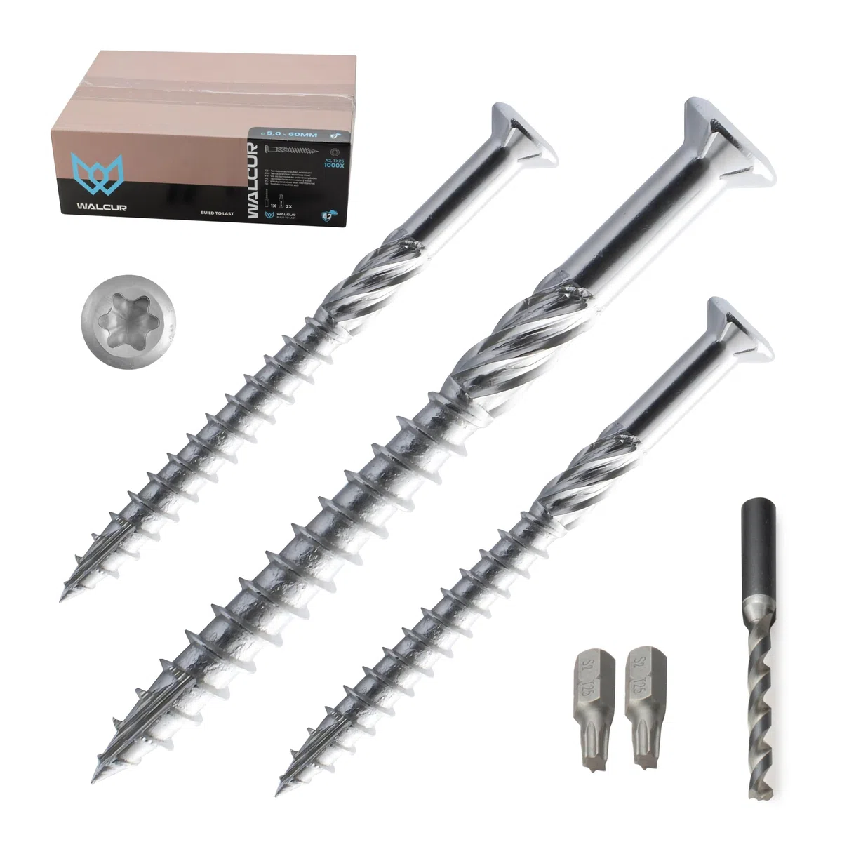 GeZu Impex 1000 Stück Walcur Terassenschrauben 5 x 60 mm Edelstahl Torx + 2 Bits + 1 Bohrer Bohrschrauben Holzschrauben Holzbauschrauben